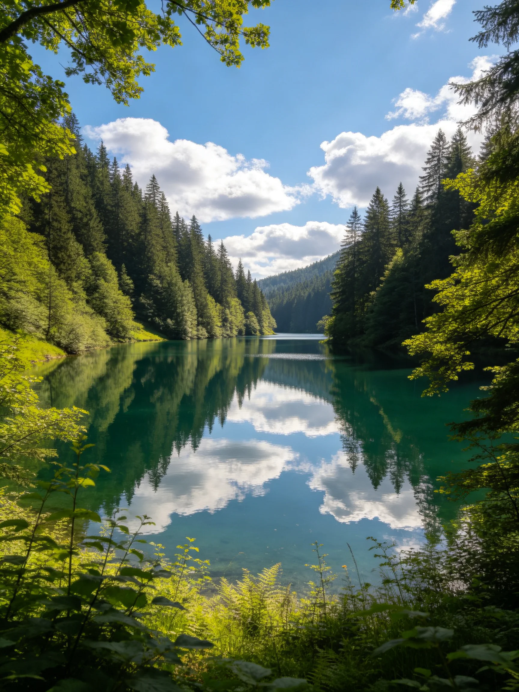 Turquoise lake reflects cloudy sky amid dense evergreen forests