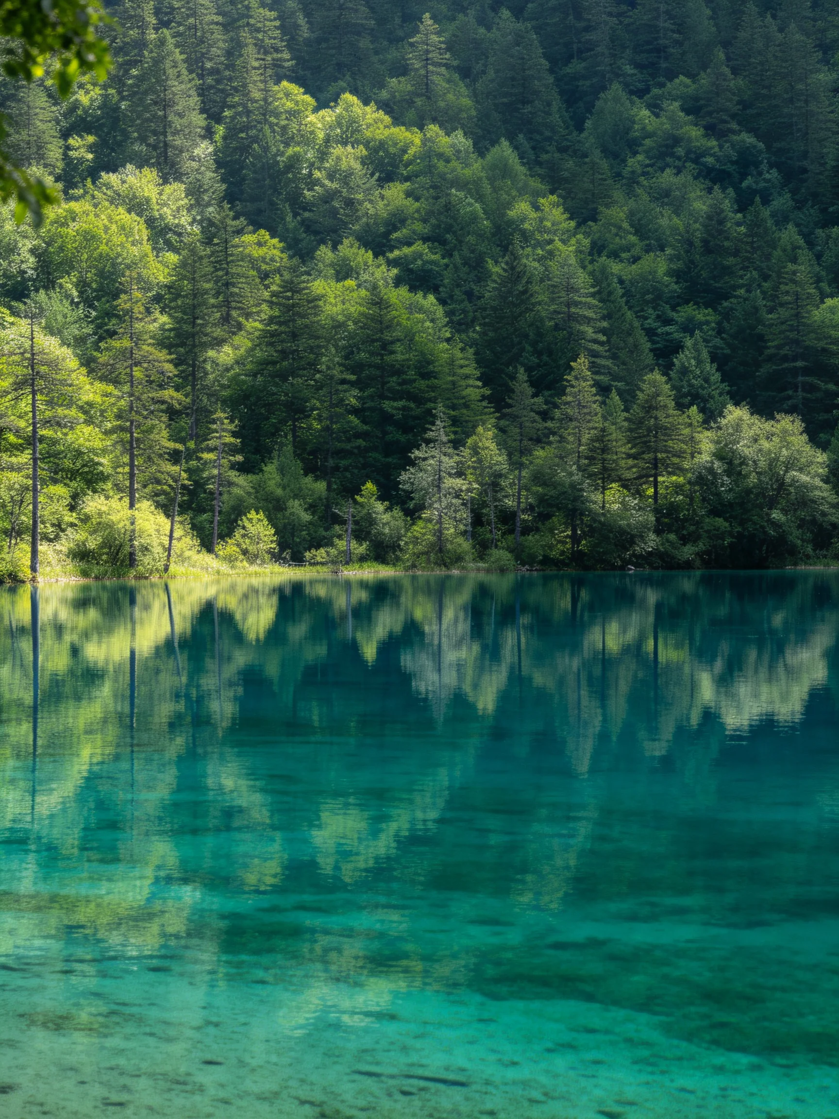 Turquoise lake reflects dense emerald forests with clear water