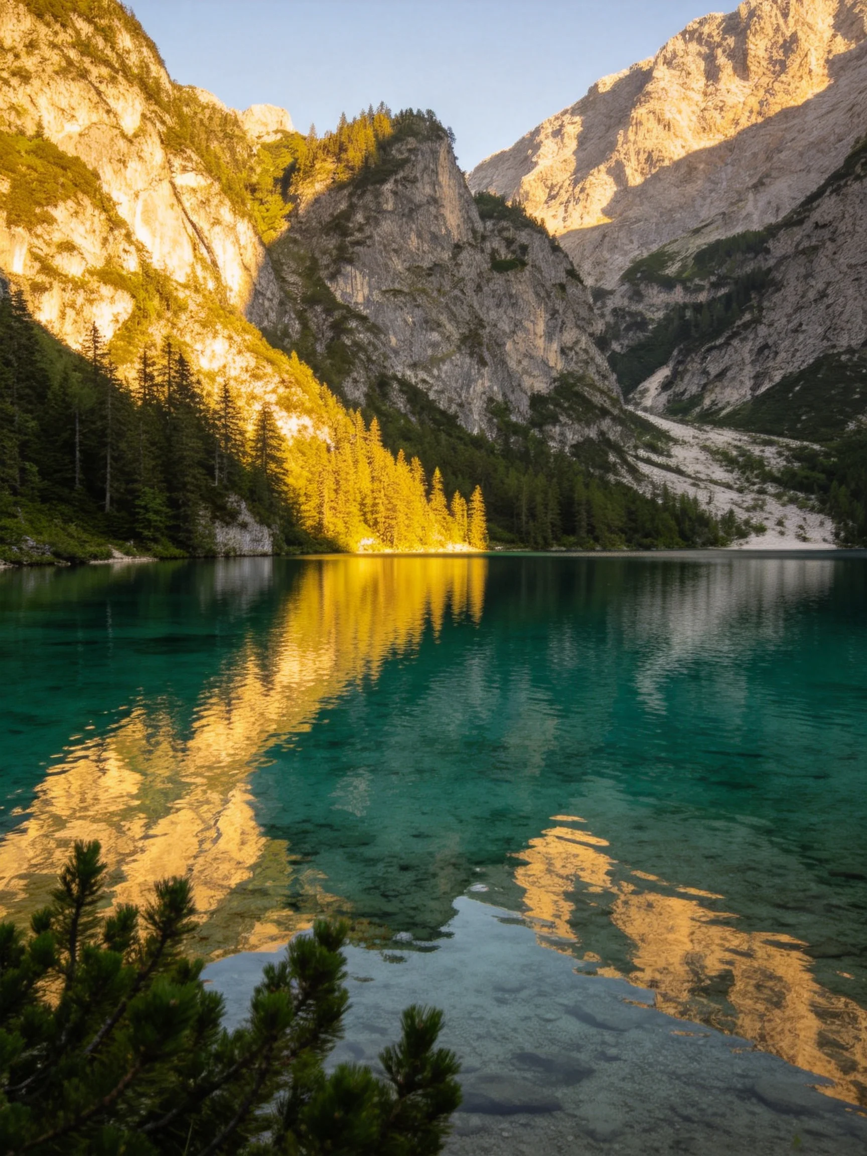 Turquoise lake reflects golden pine trees beside rugged gray mountains