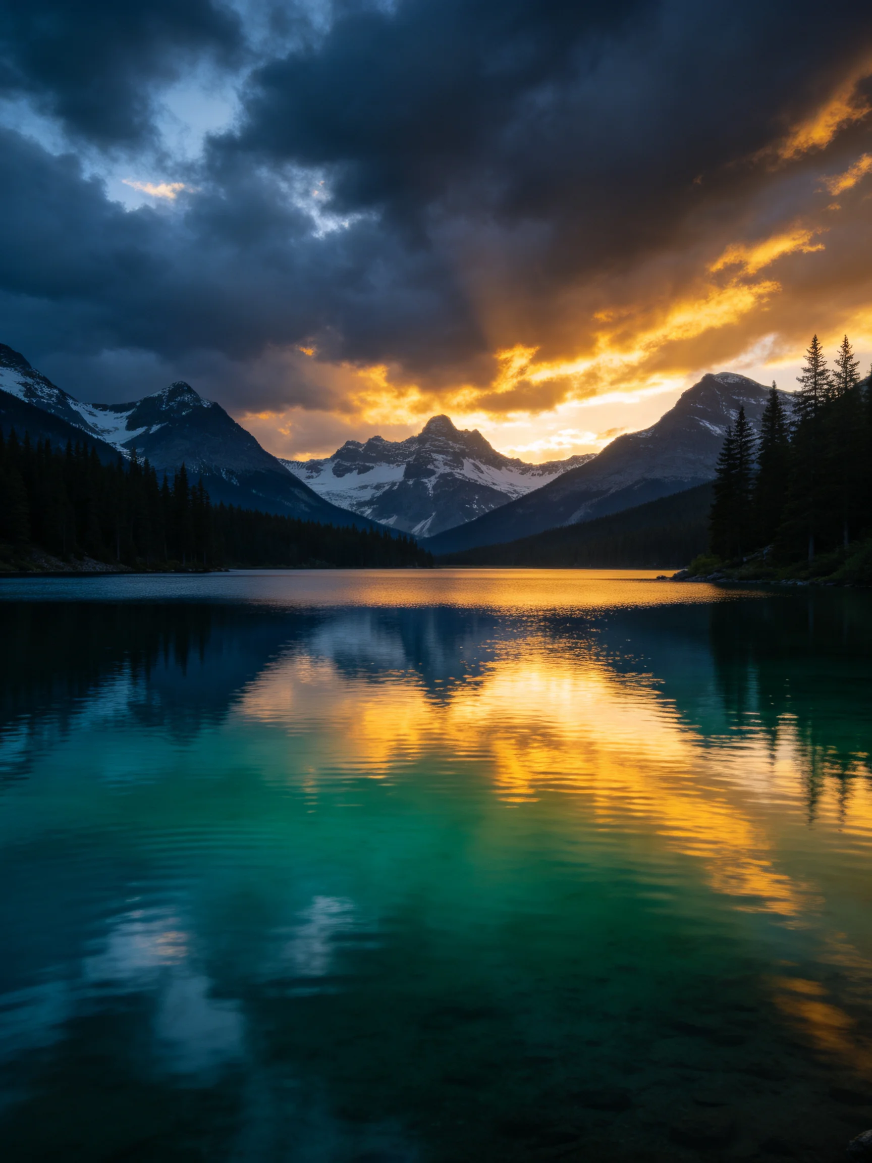 Turquoise lake reflects golden sunset amid snow-capped mountains