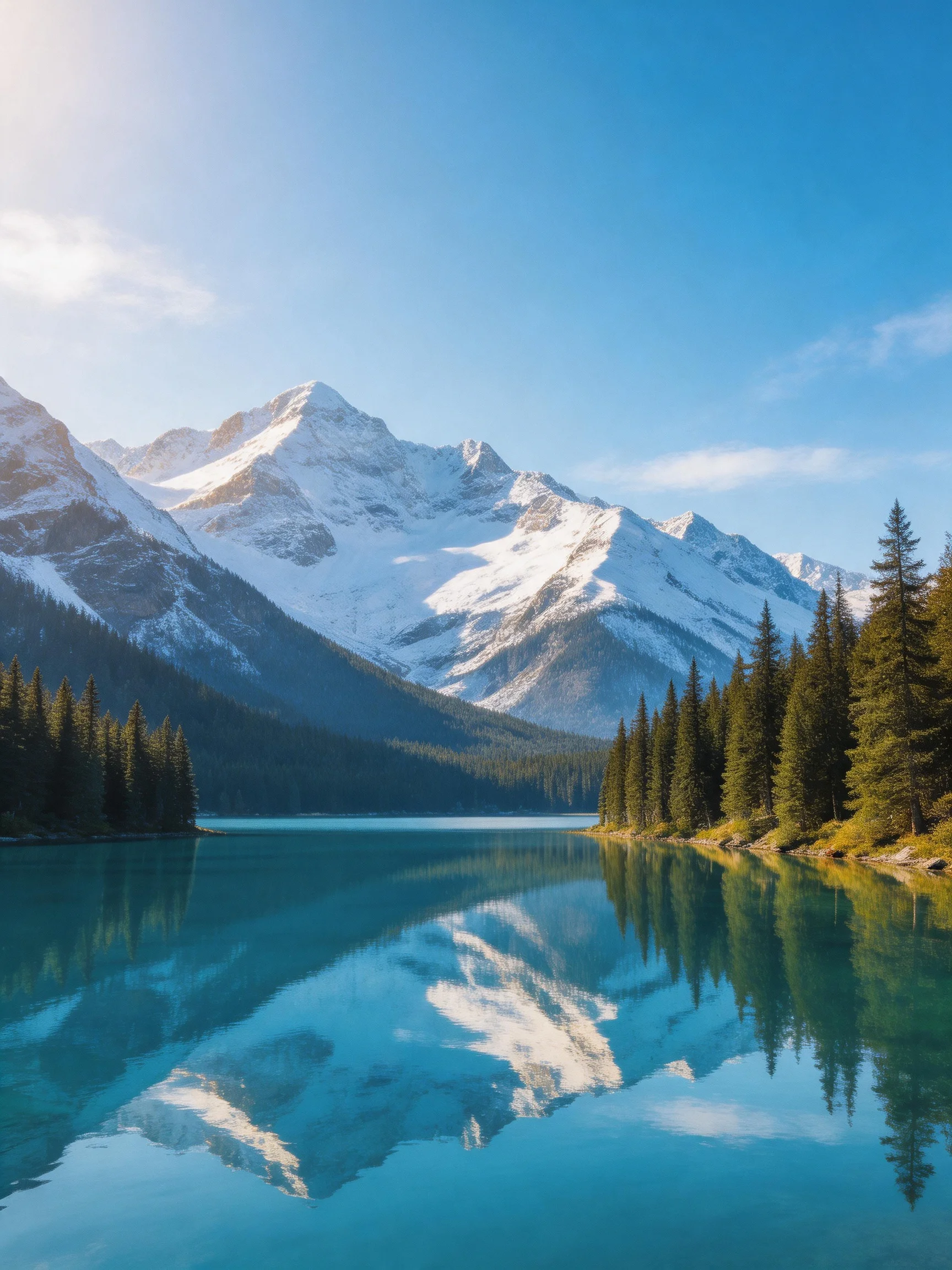 Turquoise lake reflects snow - capped mountains near evergreen forests