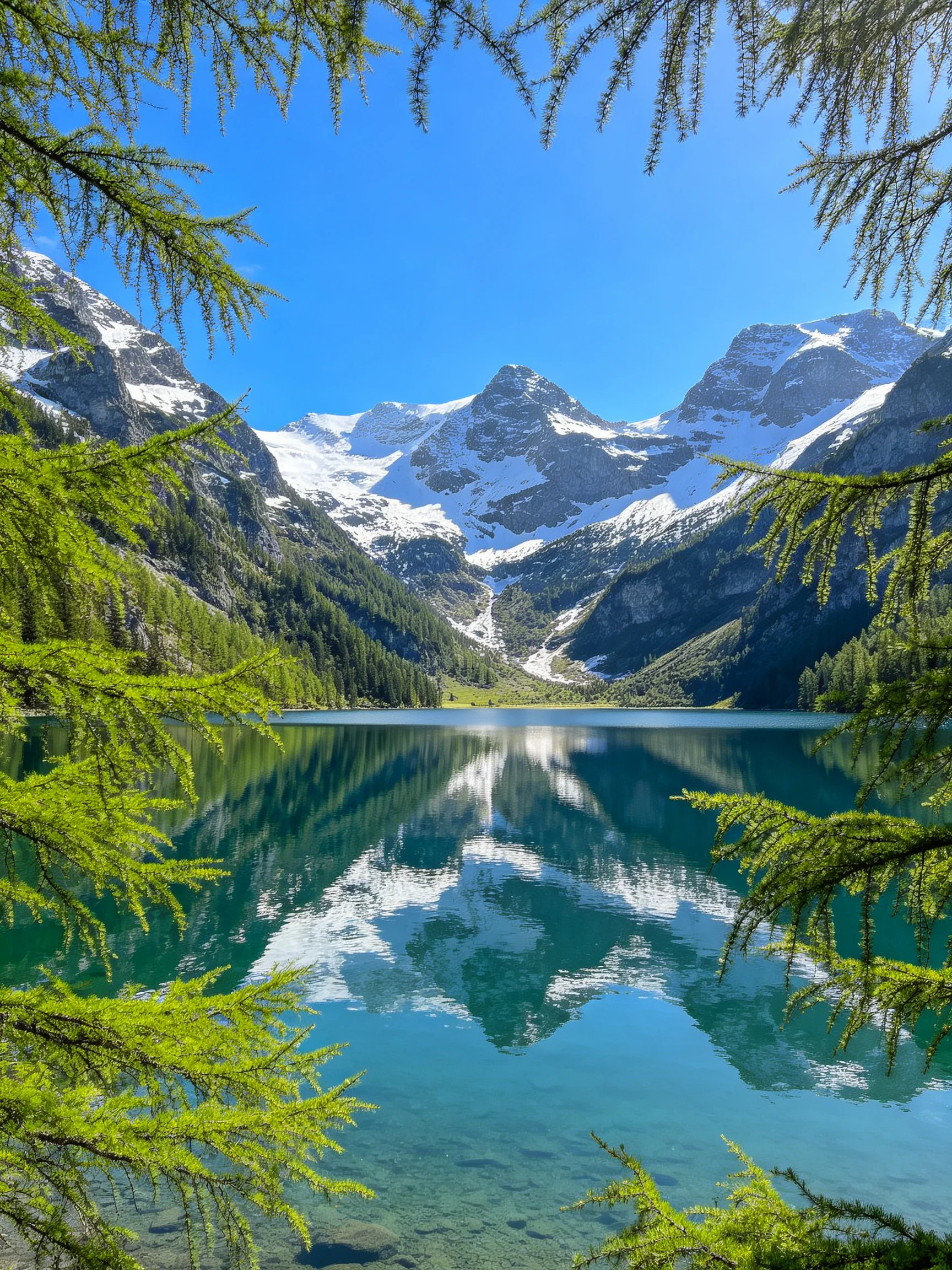 Turquoise lake reflects snow-capped mountains amid lush green forests