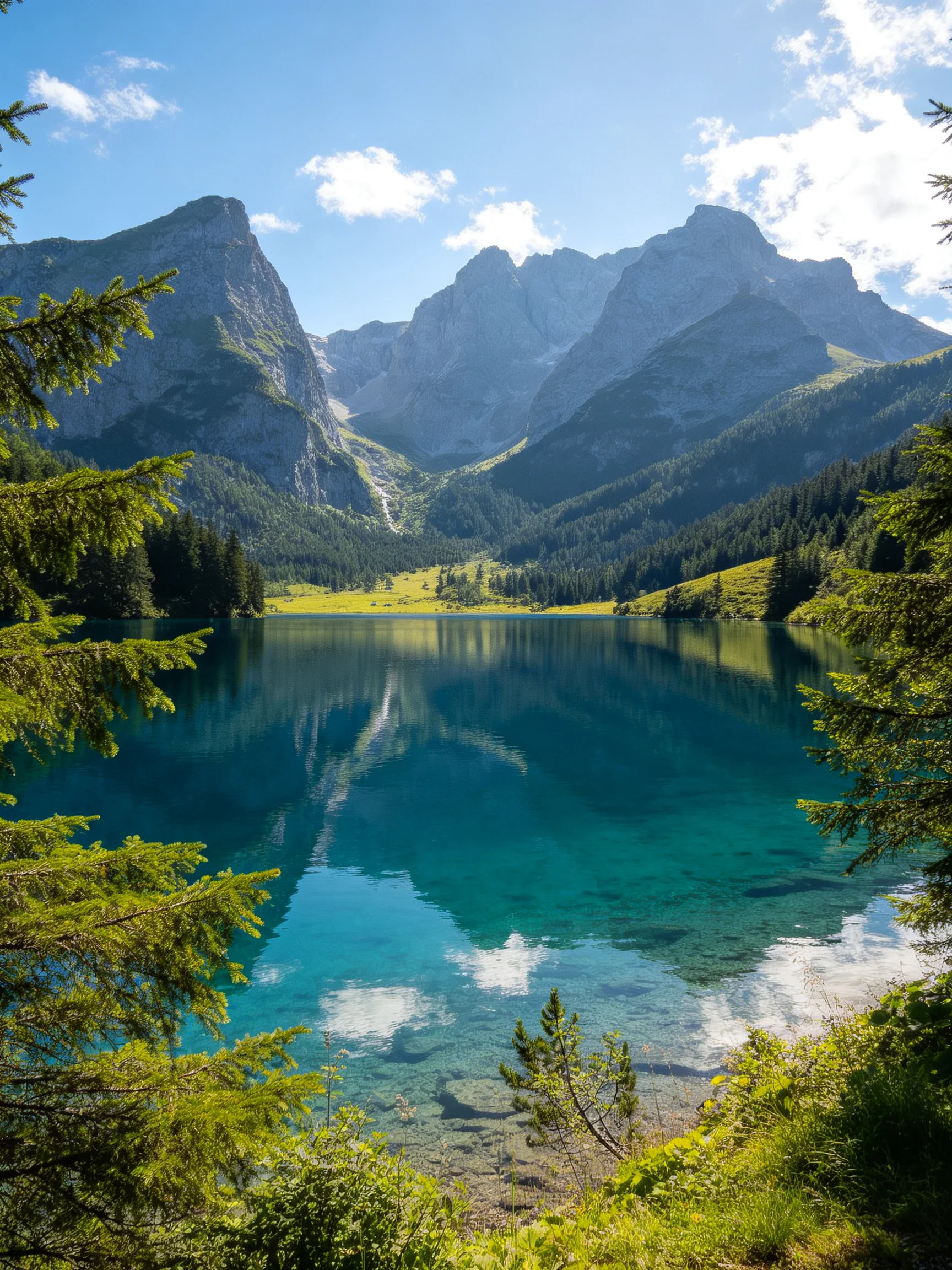 Turquoise lake reflects towering gray mountains amid lush greenery