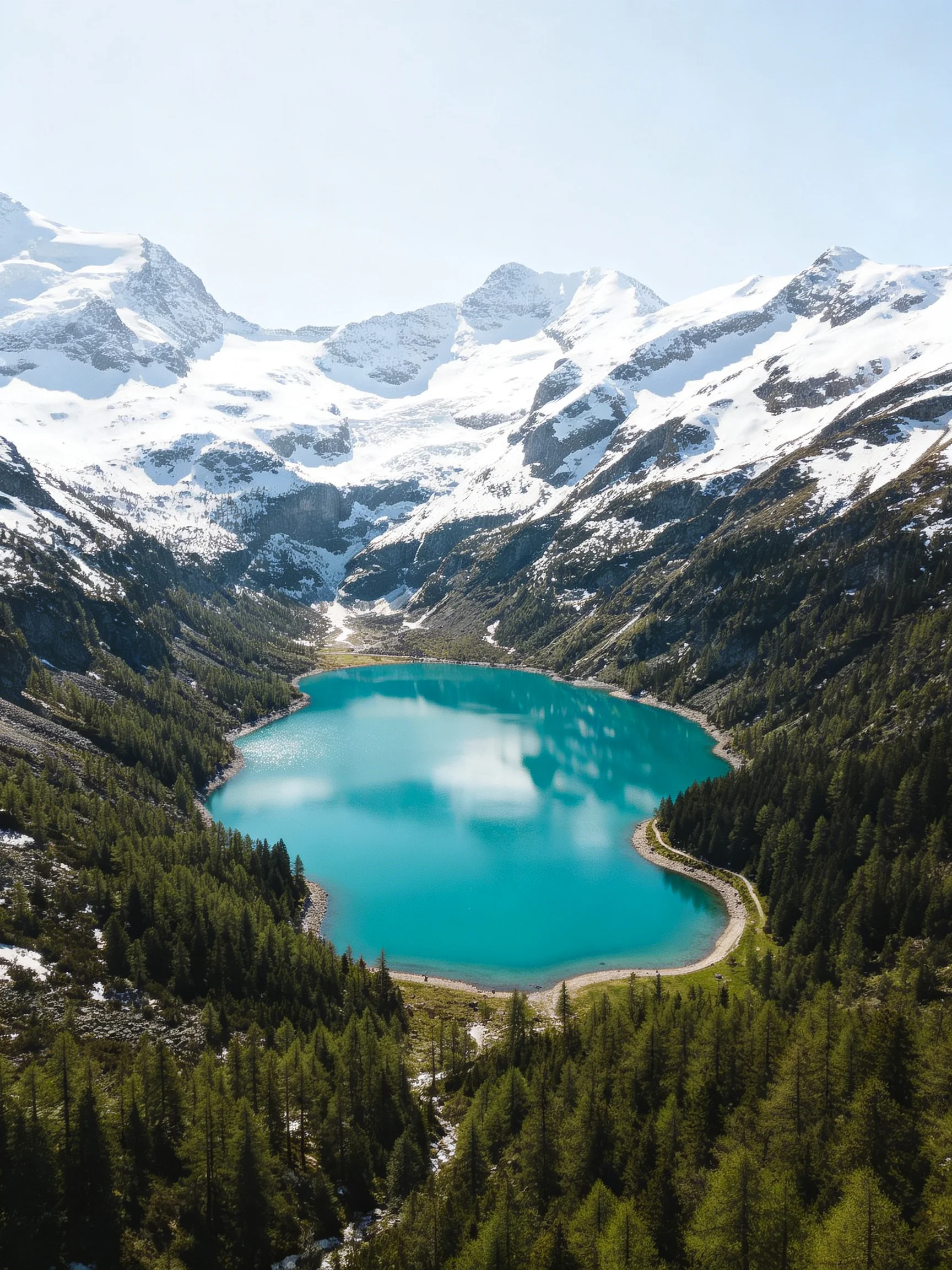 Turquoise lake surrounded by snow-capped mountains and dense forests