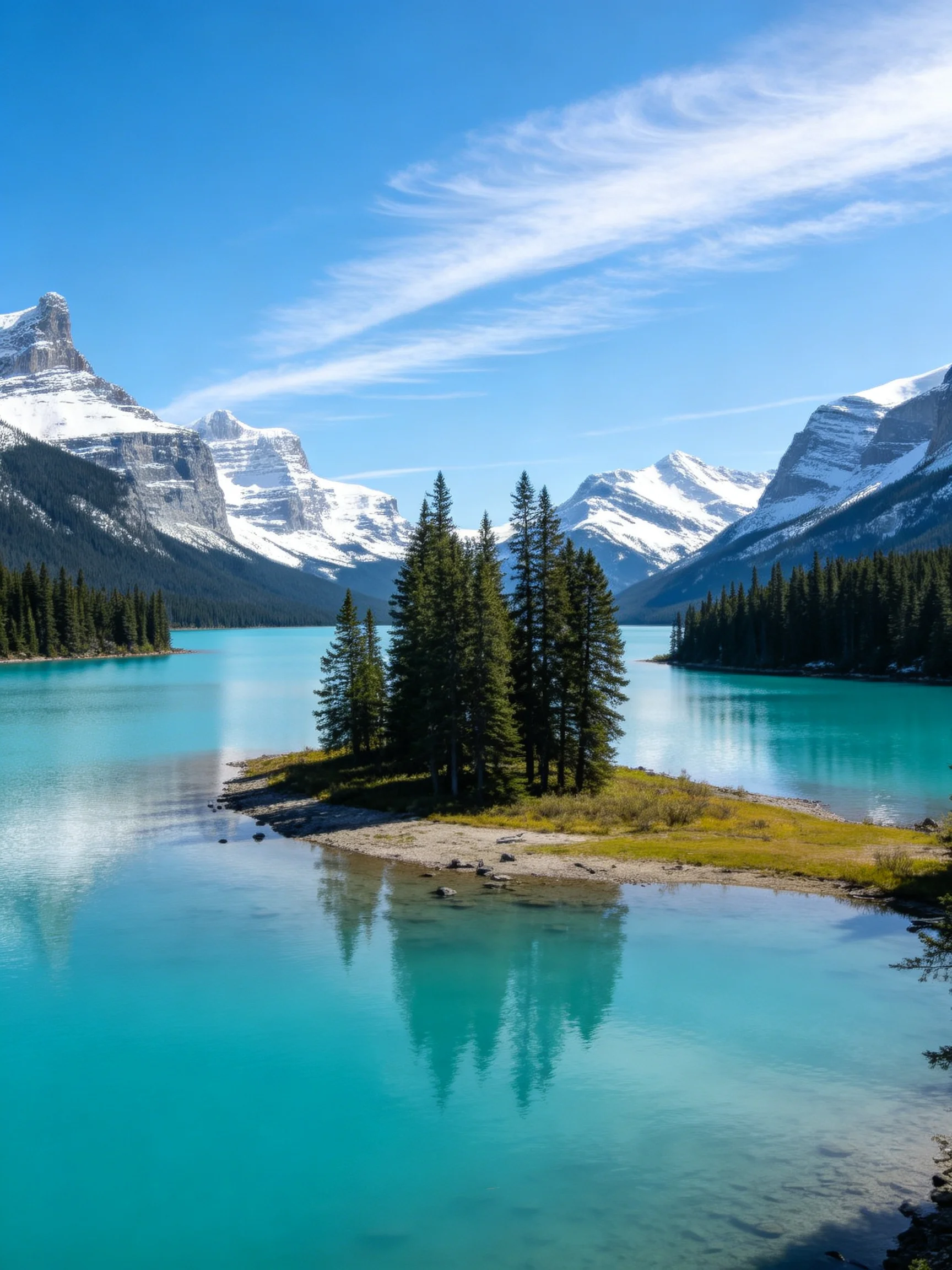 Turquoise lake surrounded by snow-capped mountains and evergreen forests