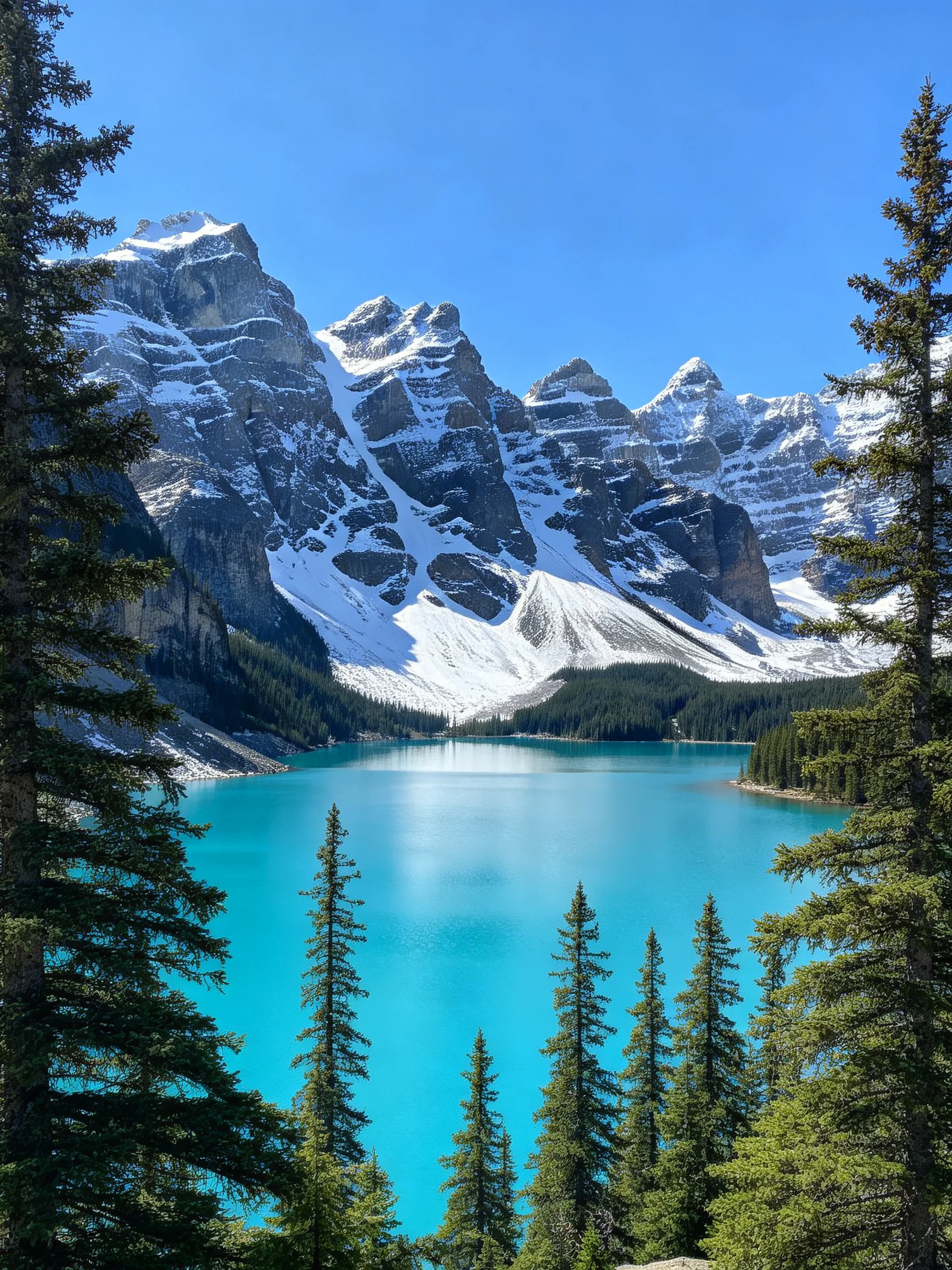 Turquoise lake with snow-capped mountain peaks and evergreen forest