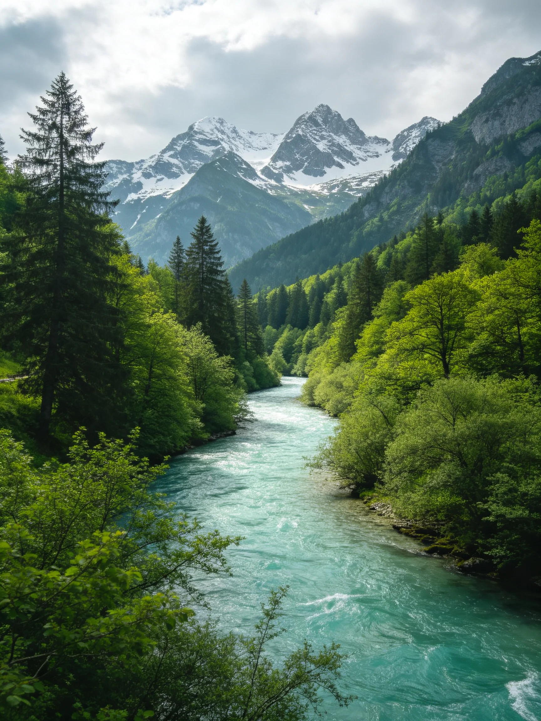 Turquoise river winds through lush forests near snow-capped peaks
