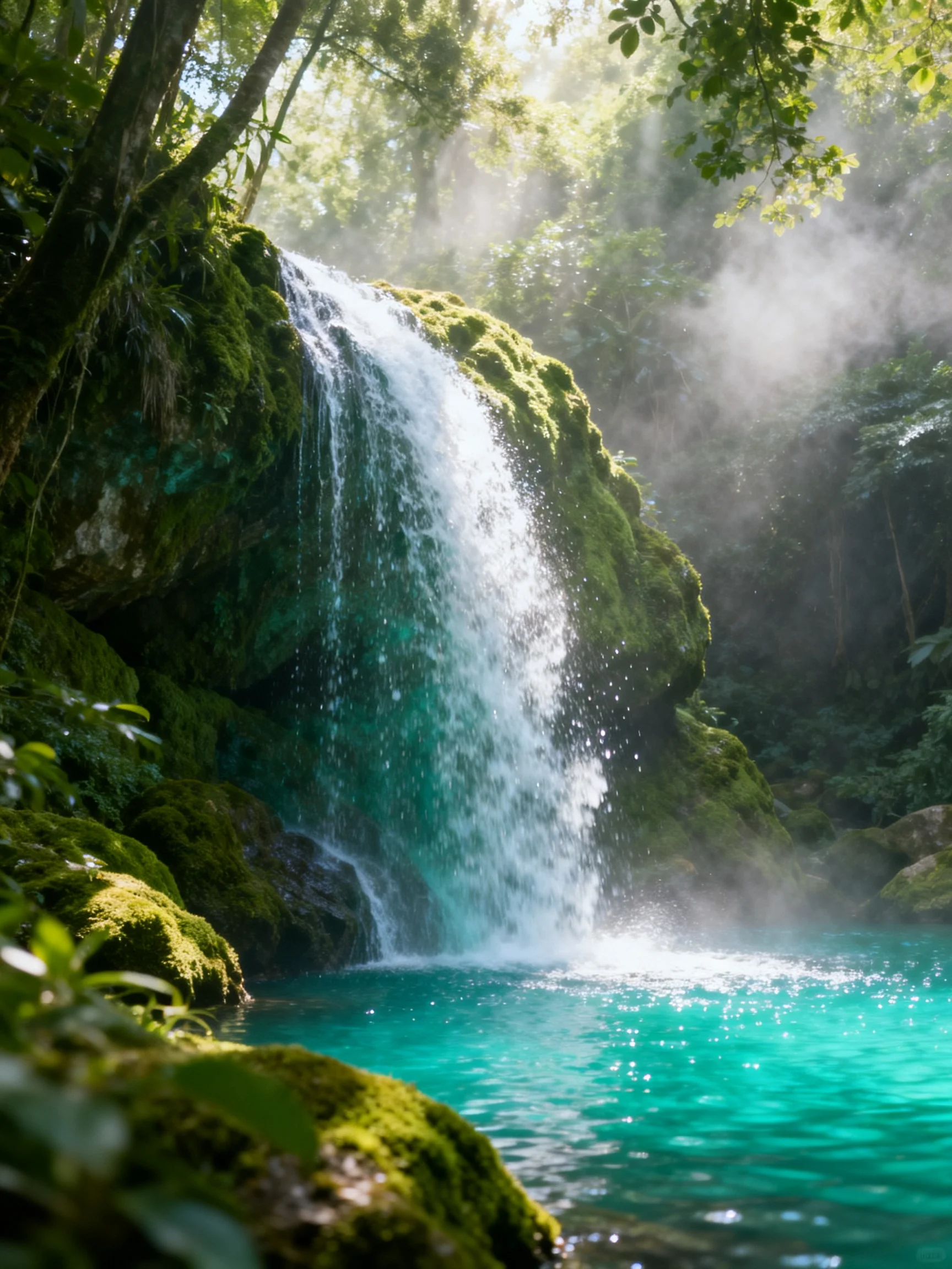 Turquoise waterfall cascades over moss-covered rocks into a clear pool