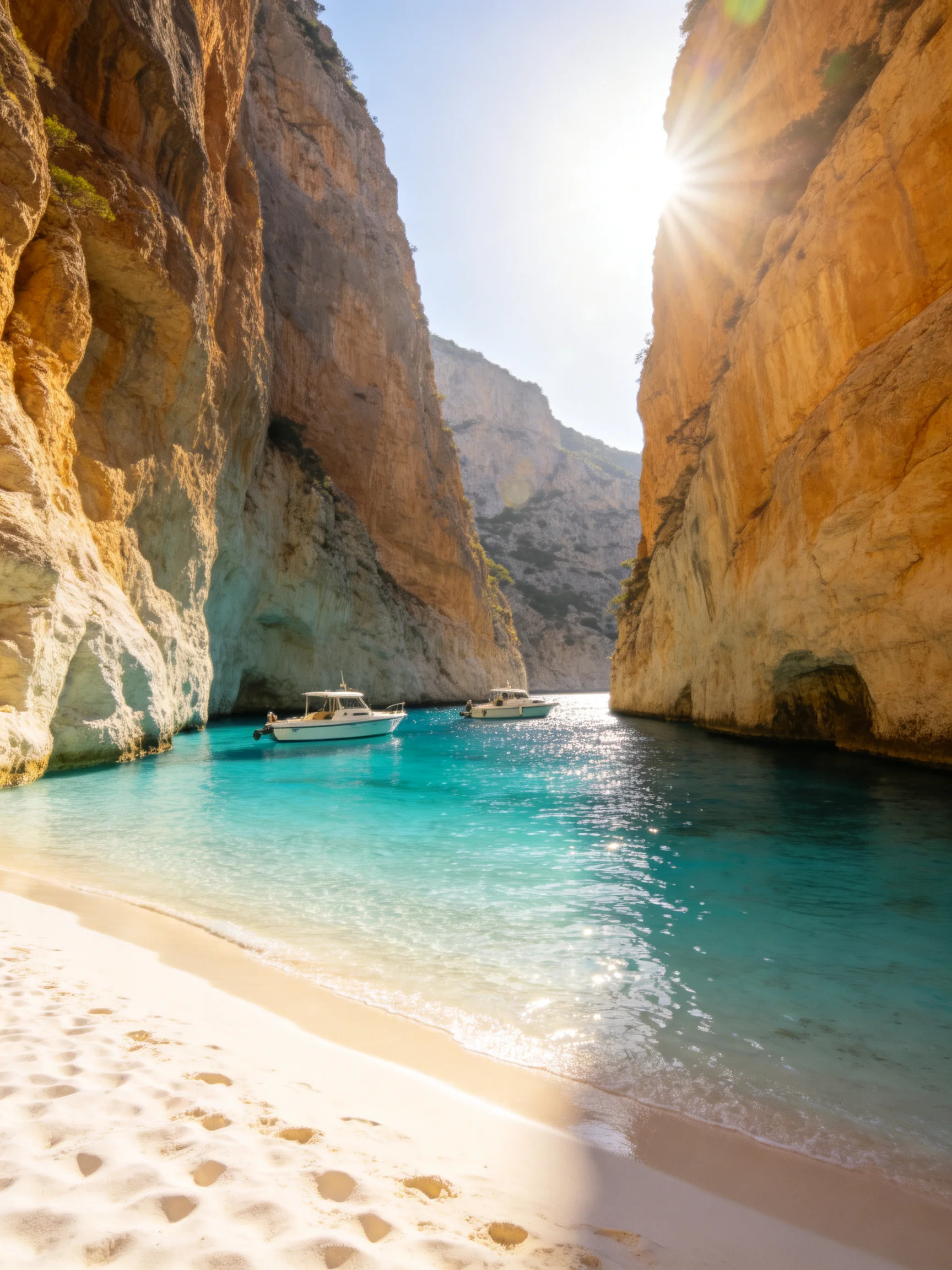 Turquoise waters between towering cliffs with two boats and white sand