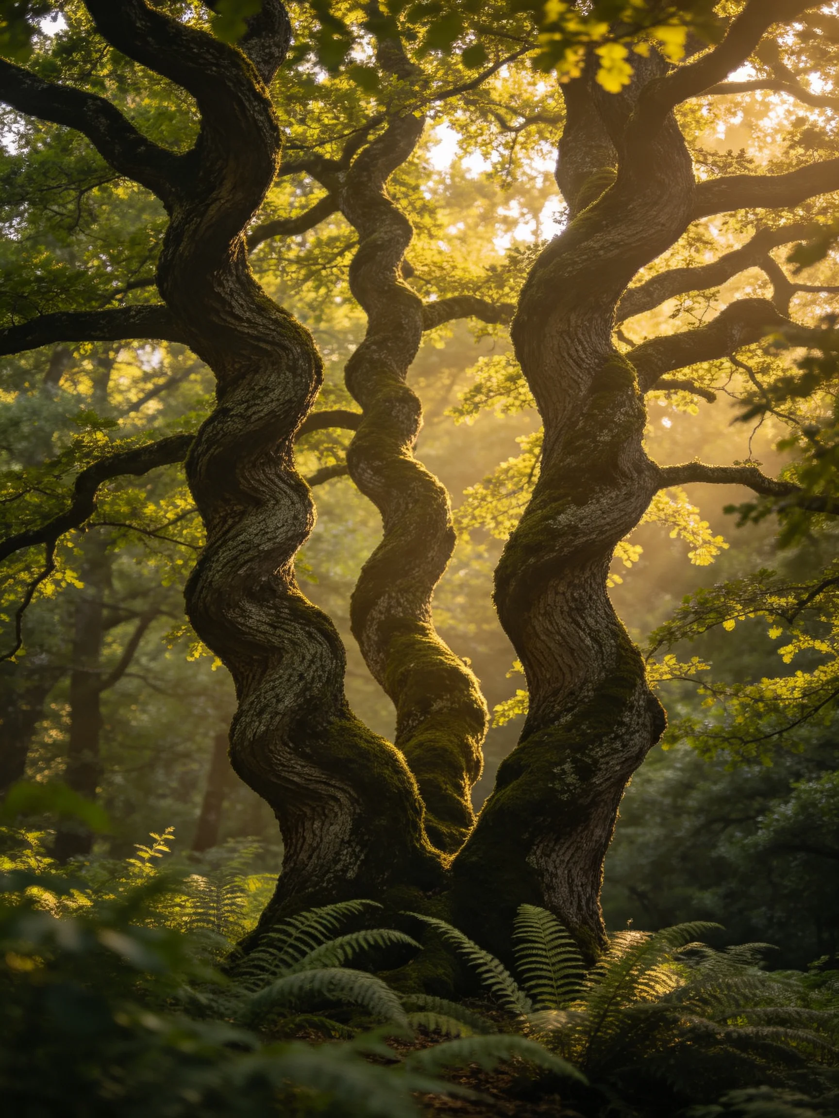 Twisted Ancient Trees Bathed in Golden Forest Light