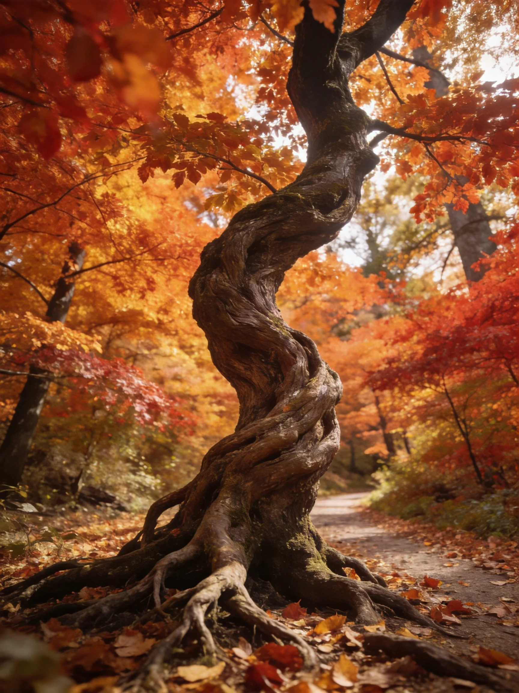 Twisted ancient tree surrounded by vibrant fall foliage