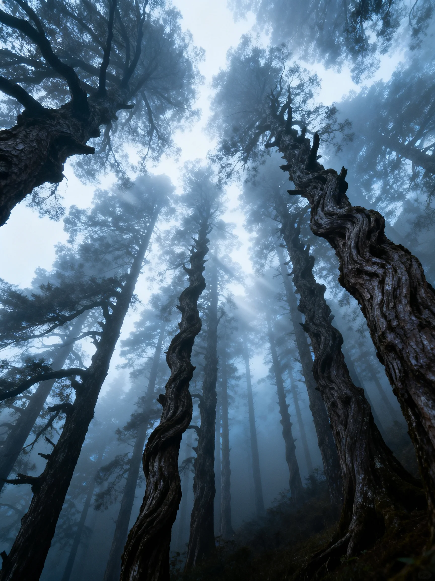 Twisted ancient trees rise amid thick blue-gray fog