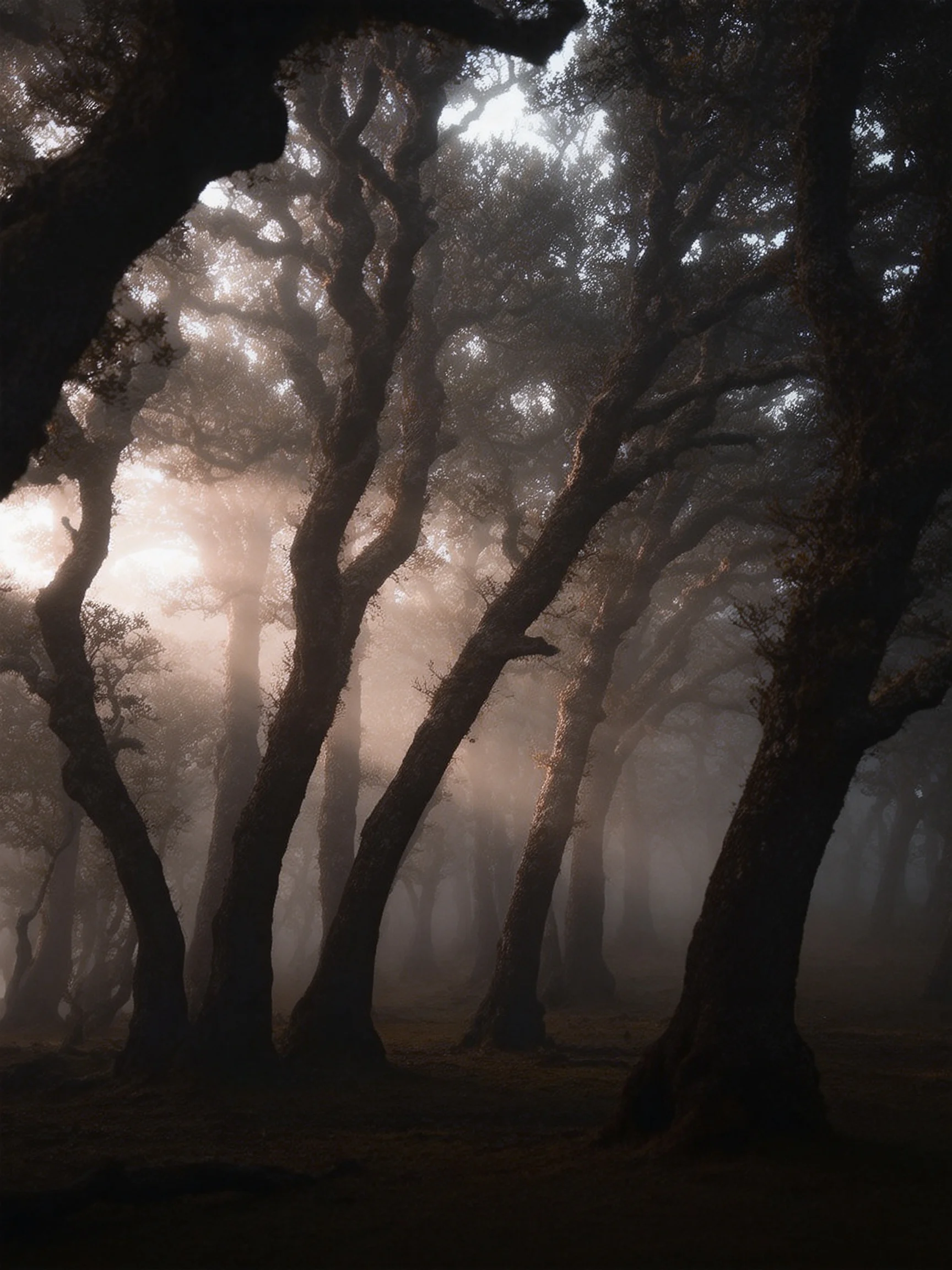 Twisted ancient trees shrouded in thick morning fog