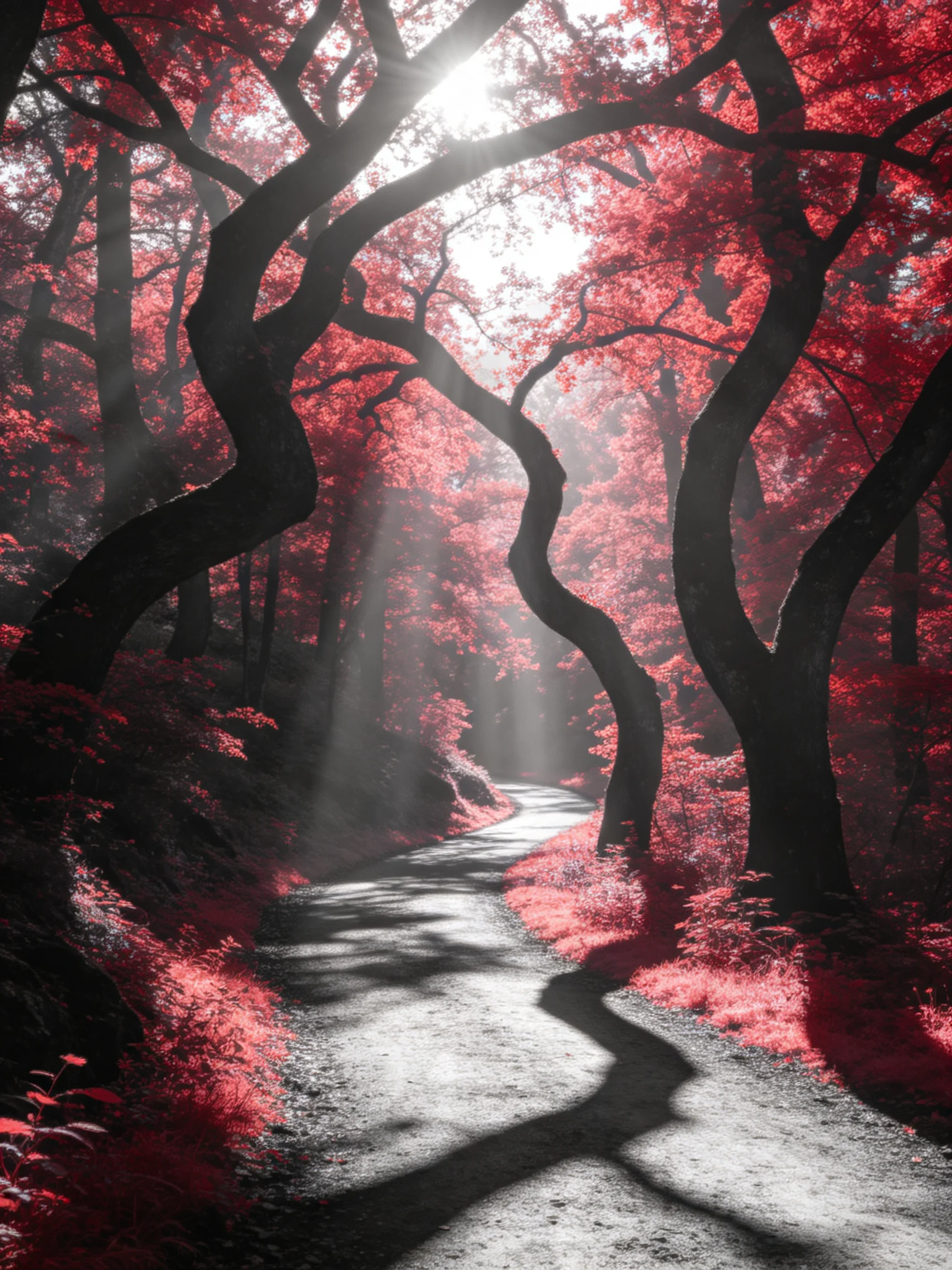 Twisted black trees frame a winding path amid vibrant red foliage