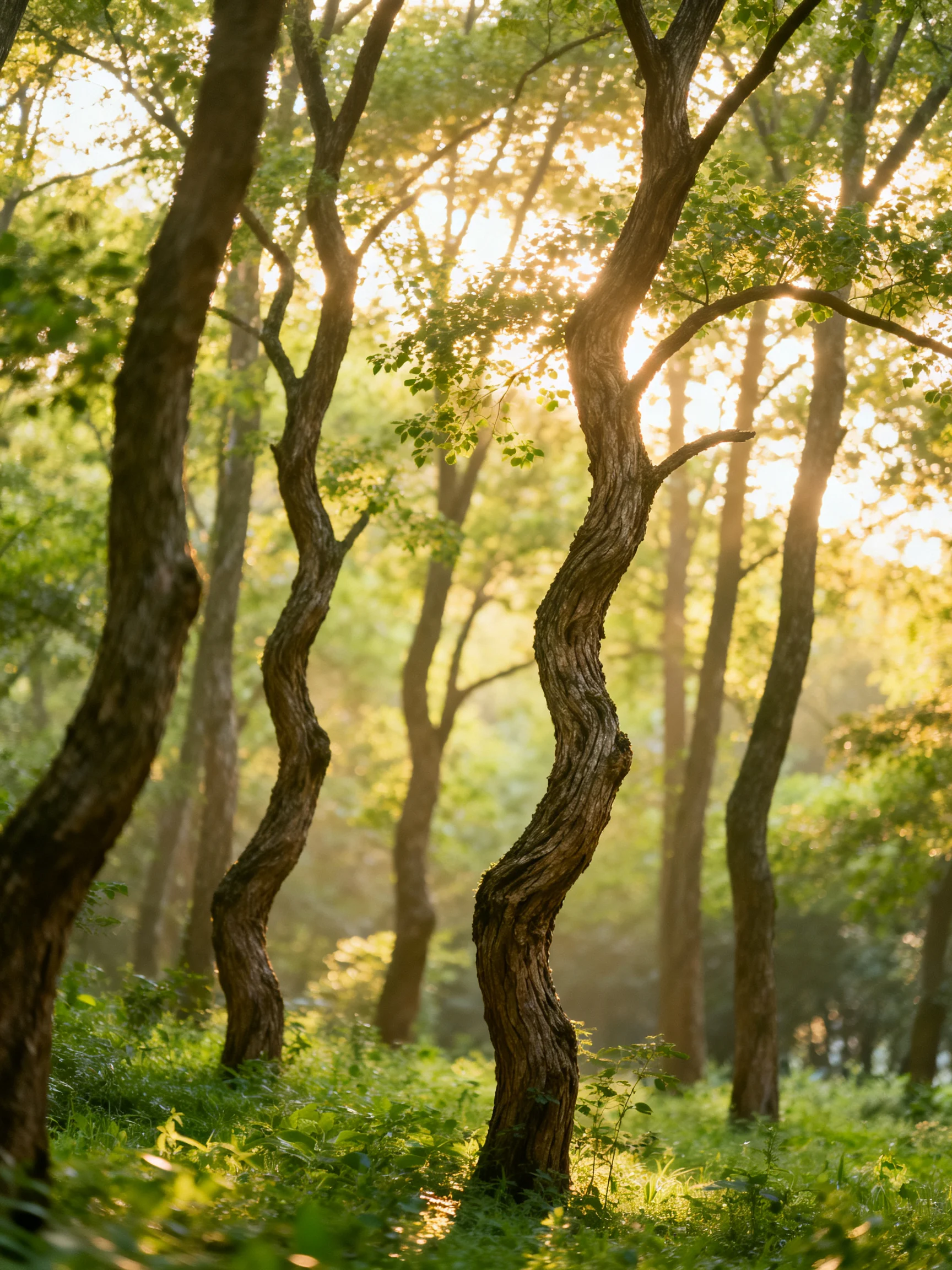 Twisted brown tree trunks in lush green forest with golden sunlight