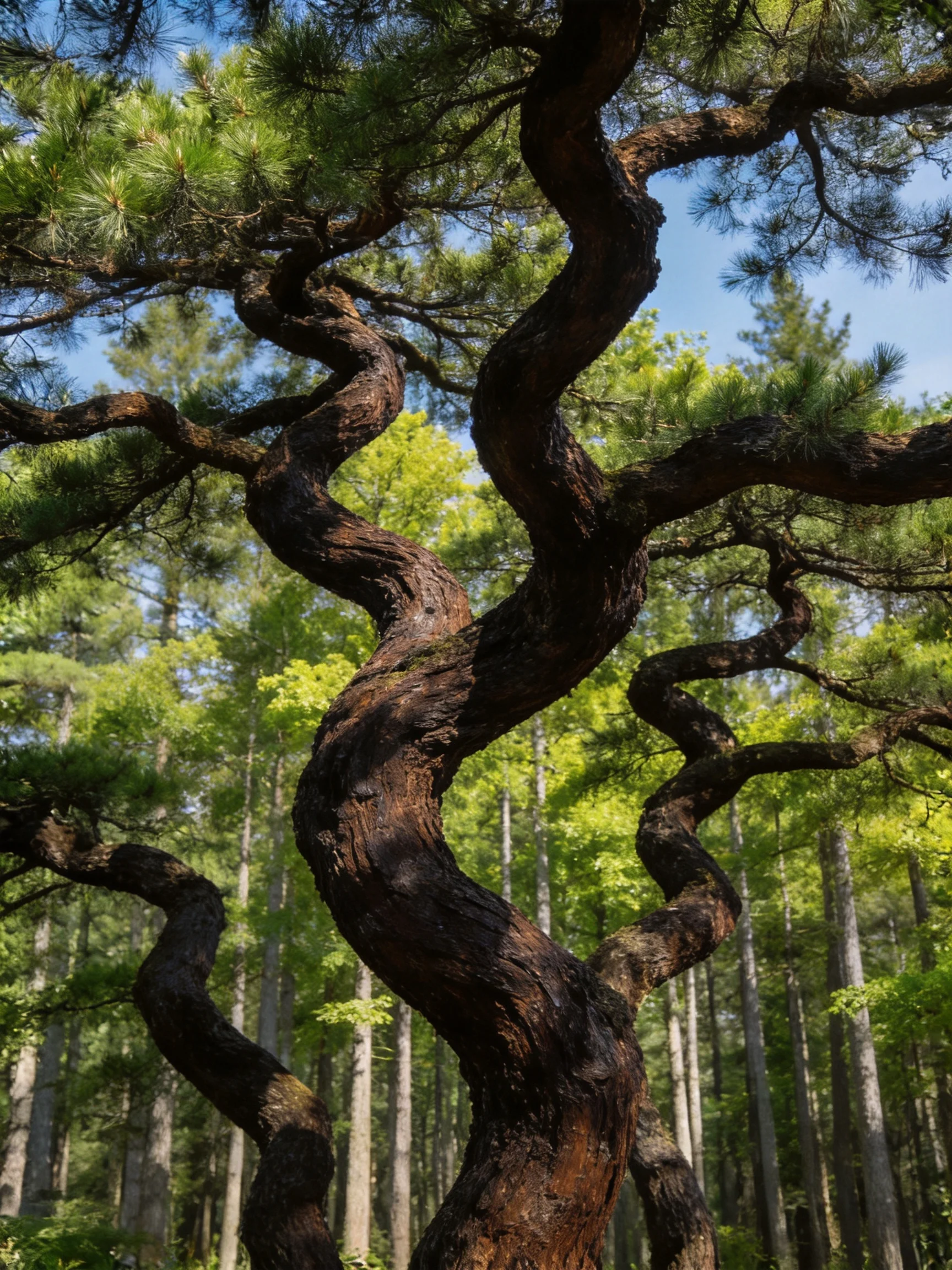Twisted dark brown pine trunk in lush green forest