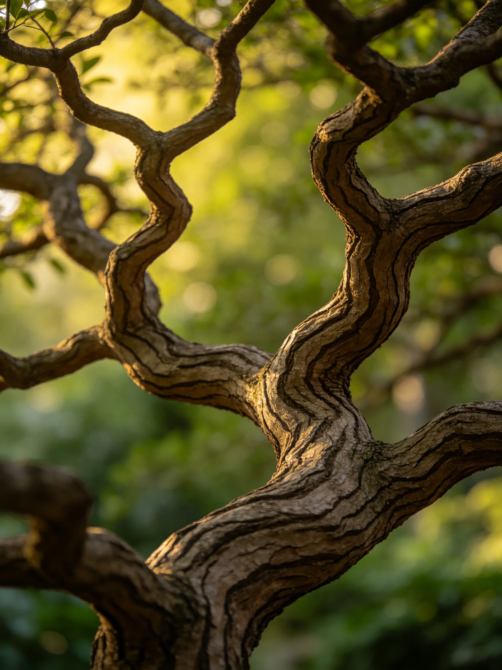 Twisted gnarled brown tree branches with rough bark amidst green foliage