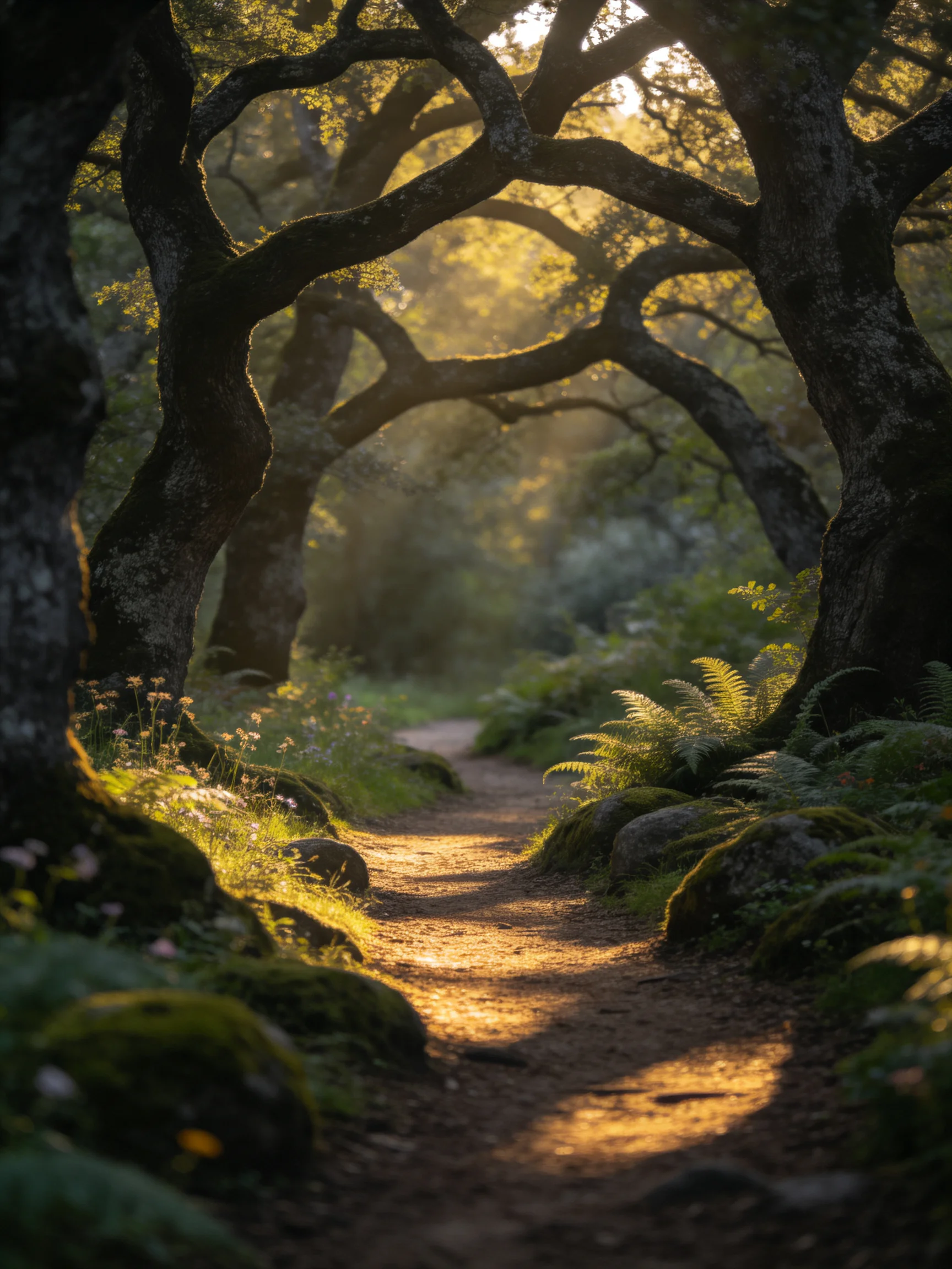 Twisted oak trees frame a sunlit forest path with mossy rocks