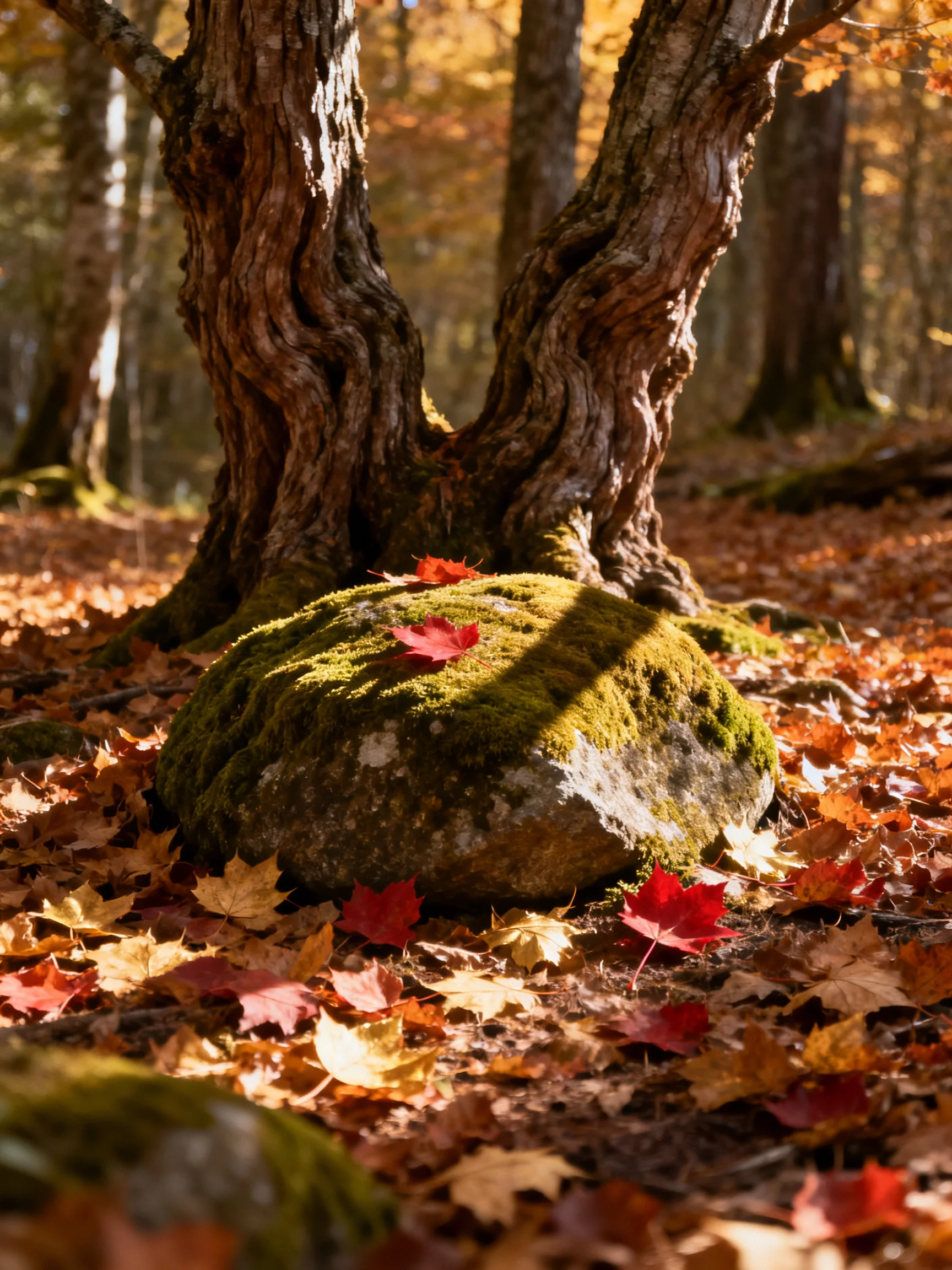 Twisted tree trunks shelter a mossy rock with colorful autumn leaves