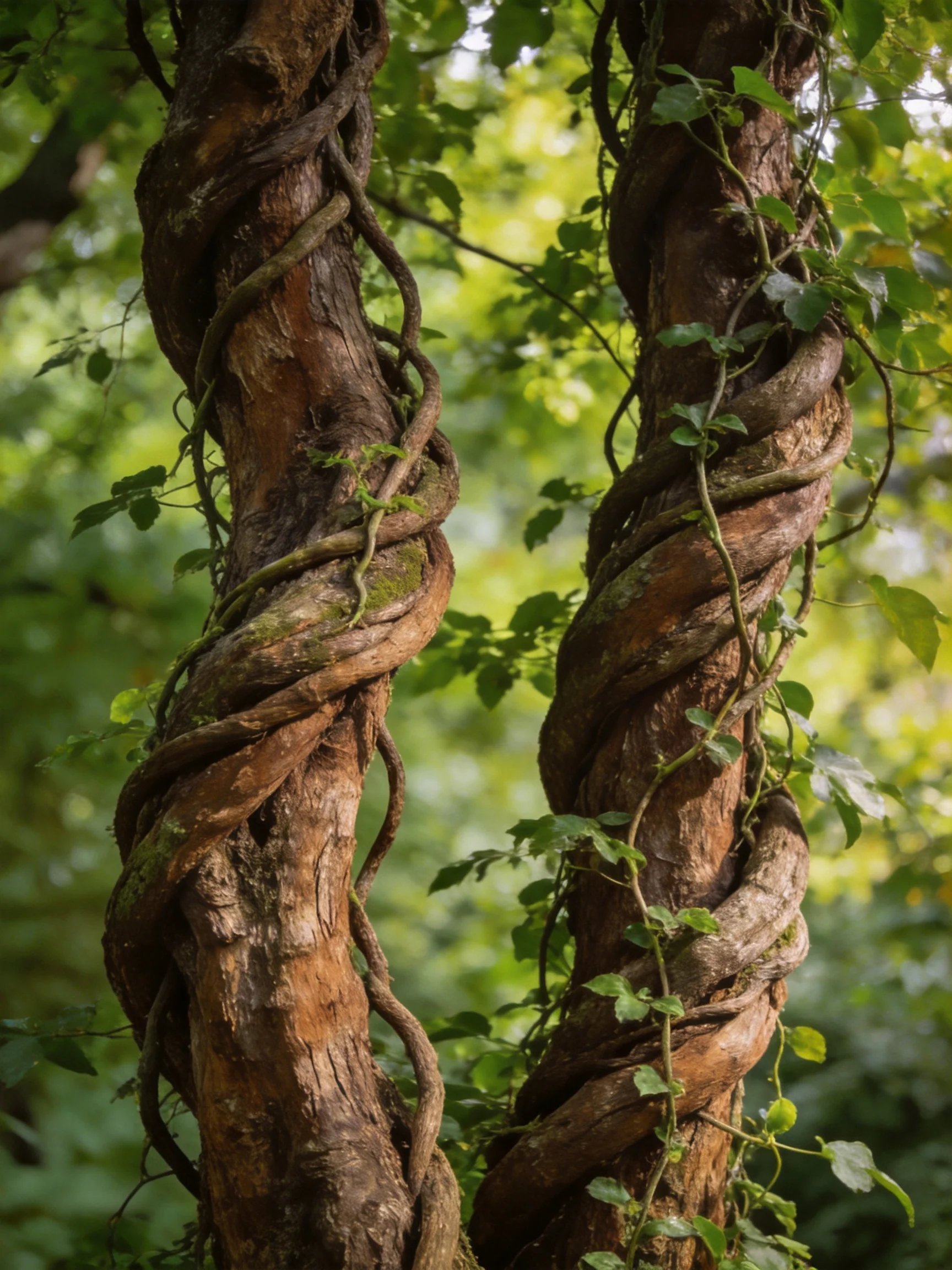 Twisted vines wrap two brown tree trunks amid lush green foliage