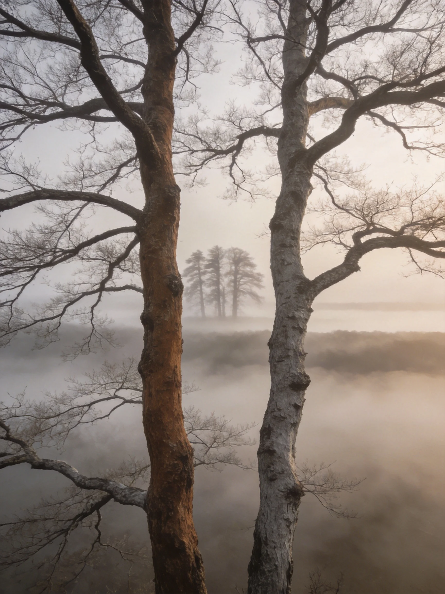 Two Bare Trees Overlooking a Fog-Covered Landscape with Distant Trees