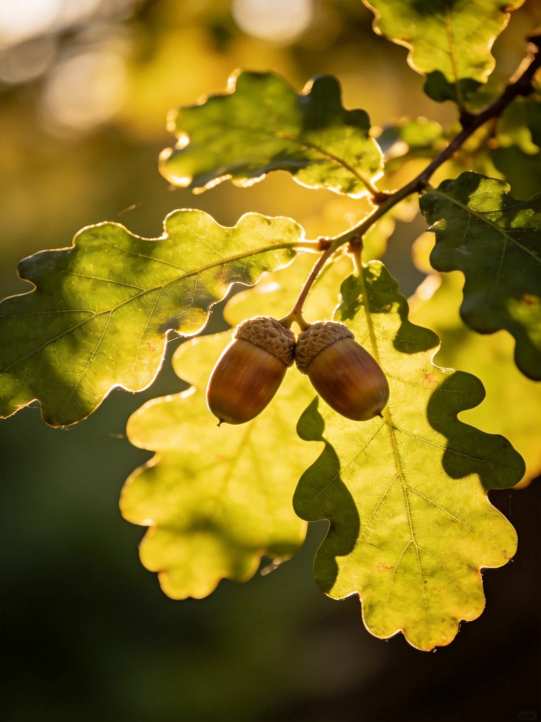 Two acorns dangle from an oak branch with golden-hued leaves