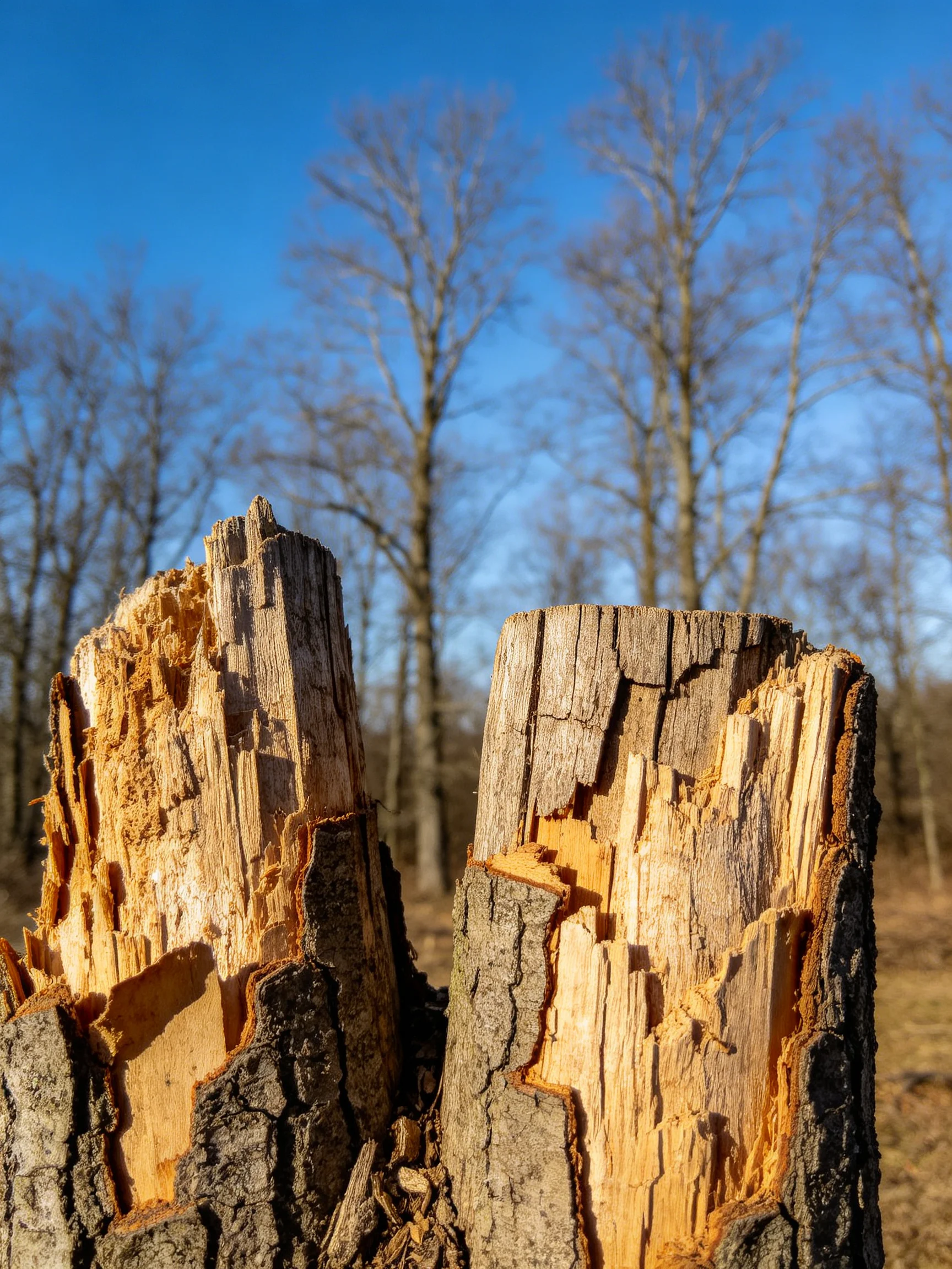 Two aged tree stumps with rough bark near leafless forest trees