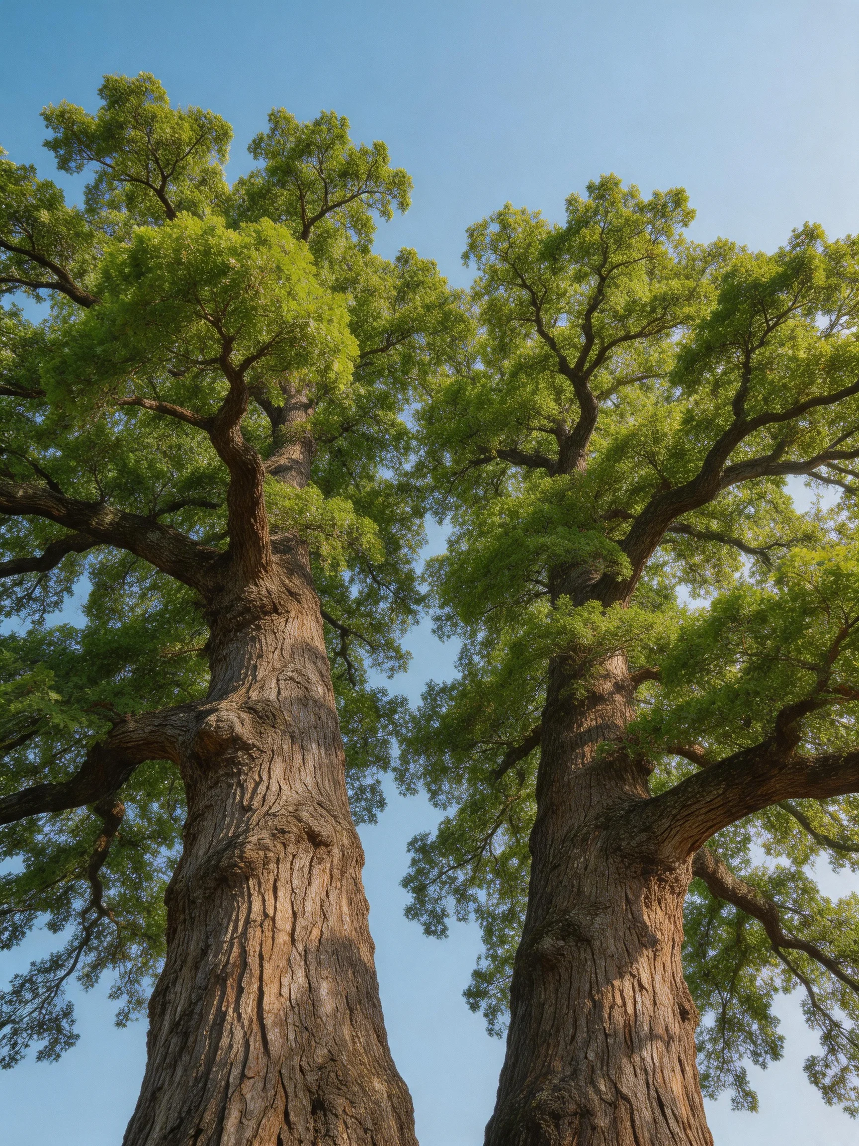 Two ancient oak trees with lush green canopies under clear blue sky
