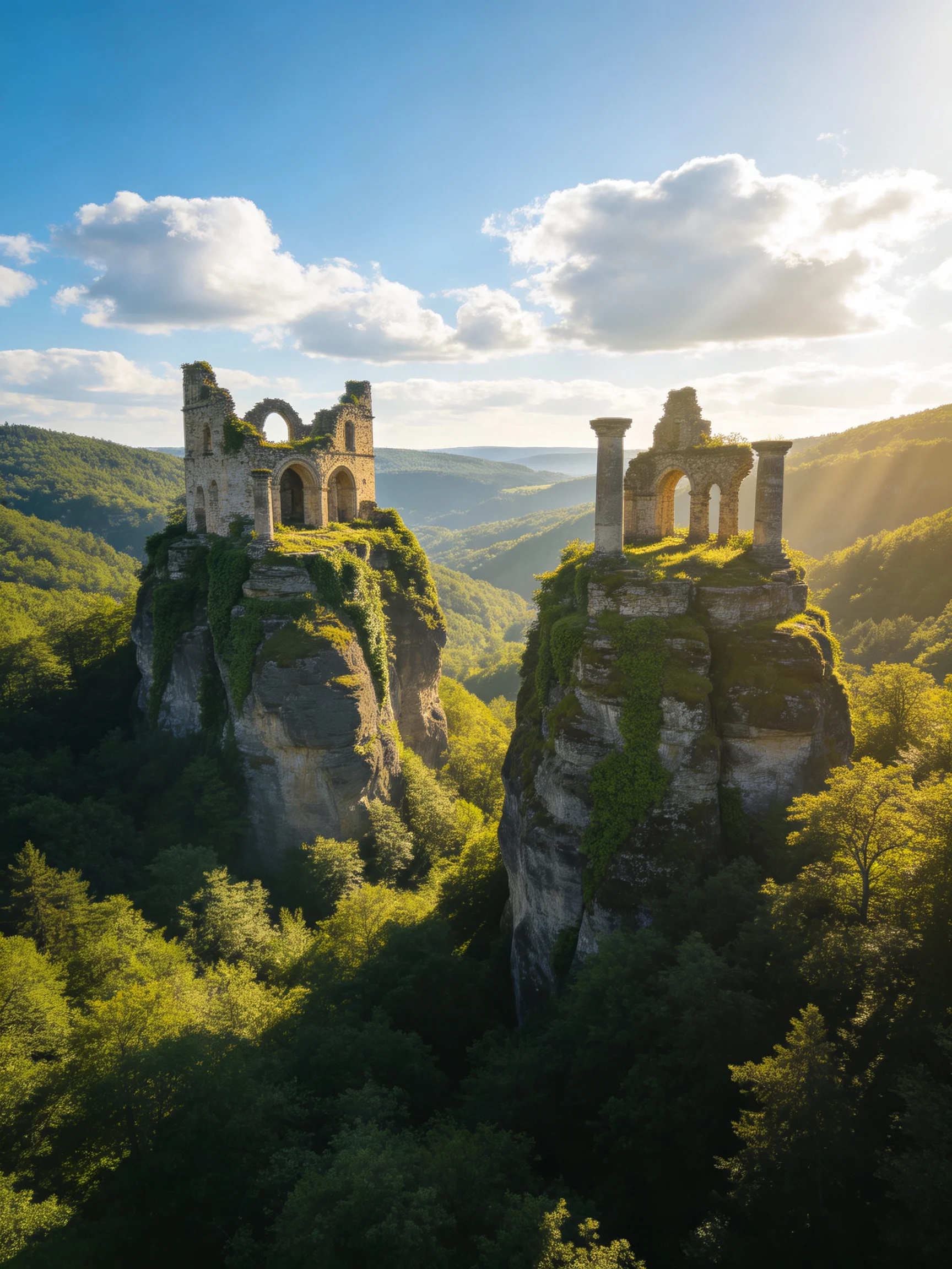 Two ancient stone ruins atop moss-covered cliff peaks in lush forest
