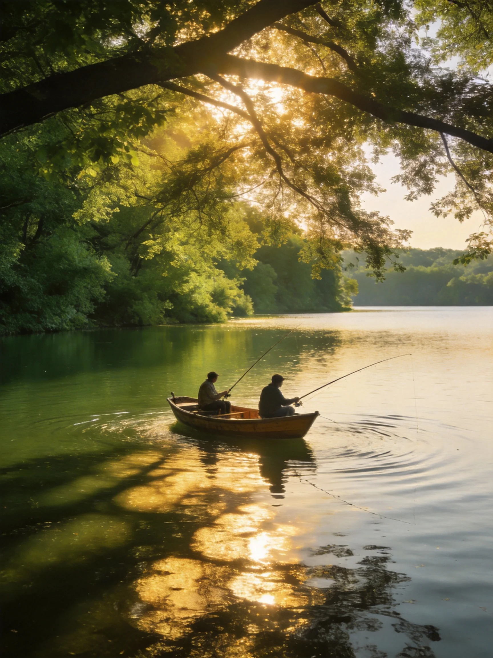 Two anglers fish from a wooden boat amid lush greenery and golden sunlight