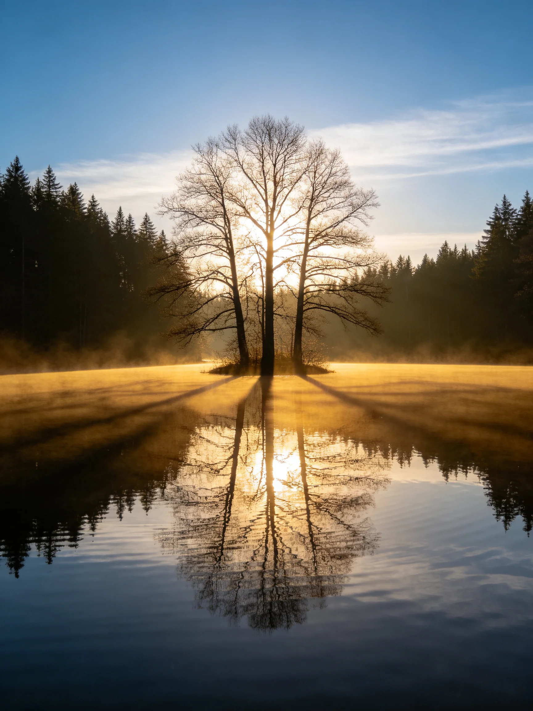 Two bare trees reflected in golden light over calm water