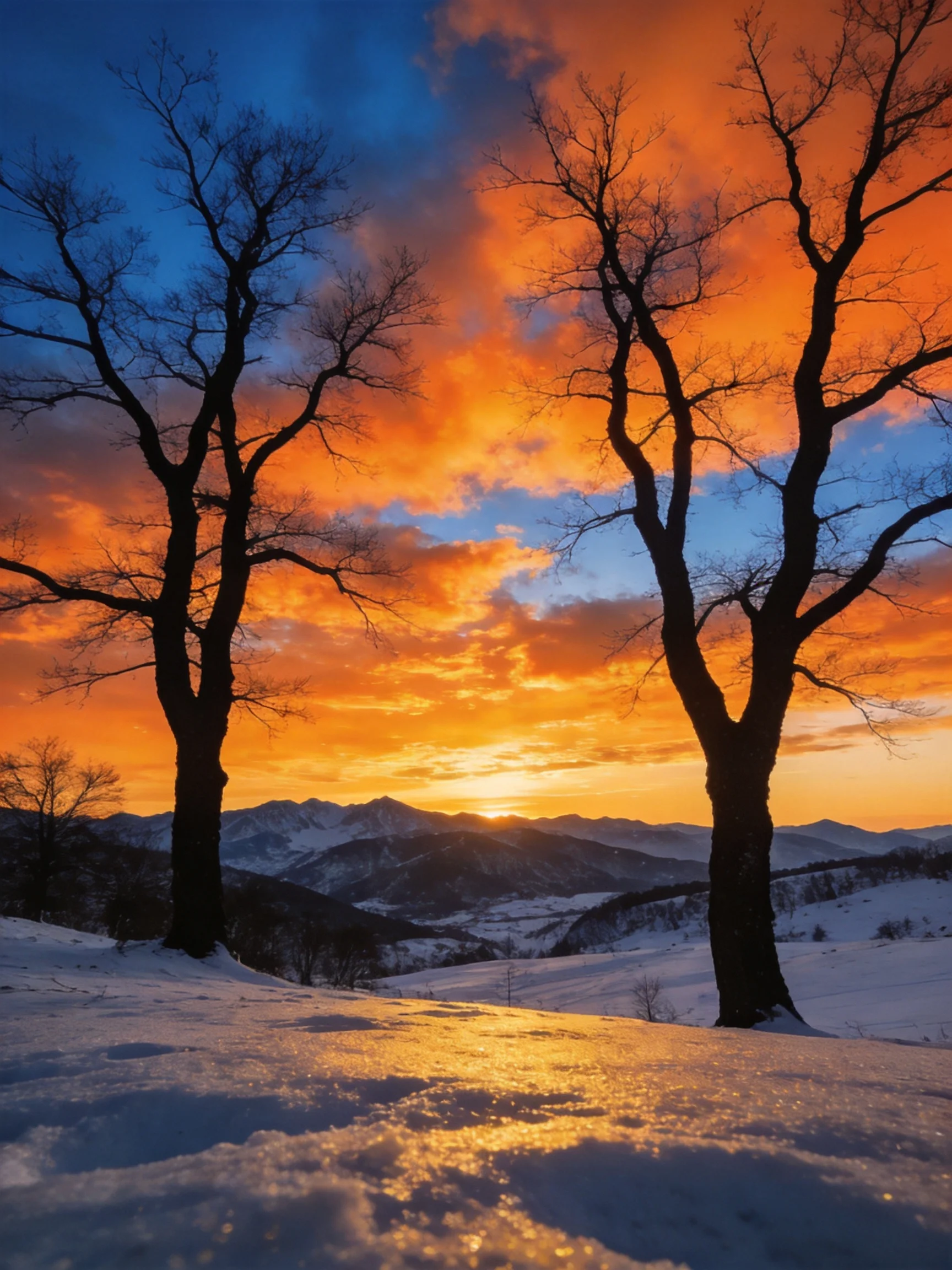 Two bare trees silhouette against a vibrant sunset over snow-covered mountains