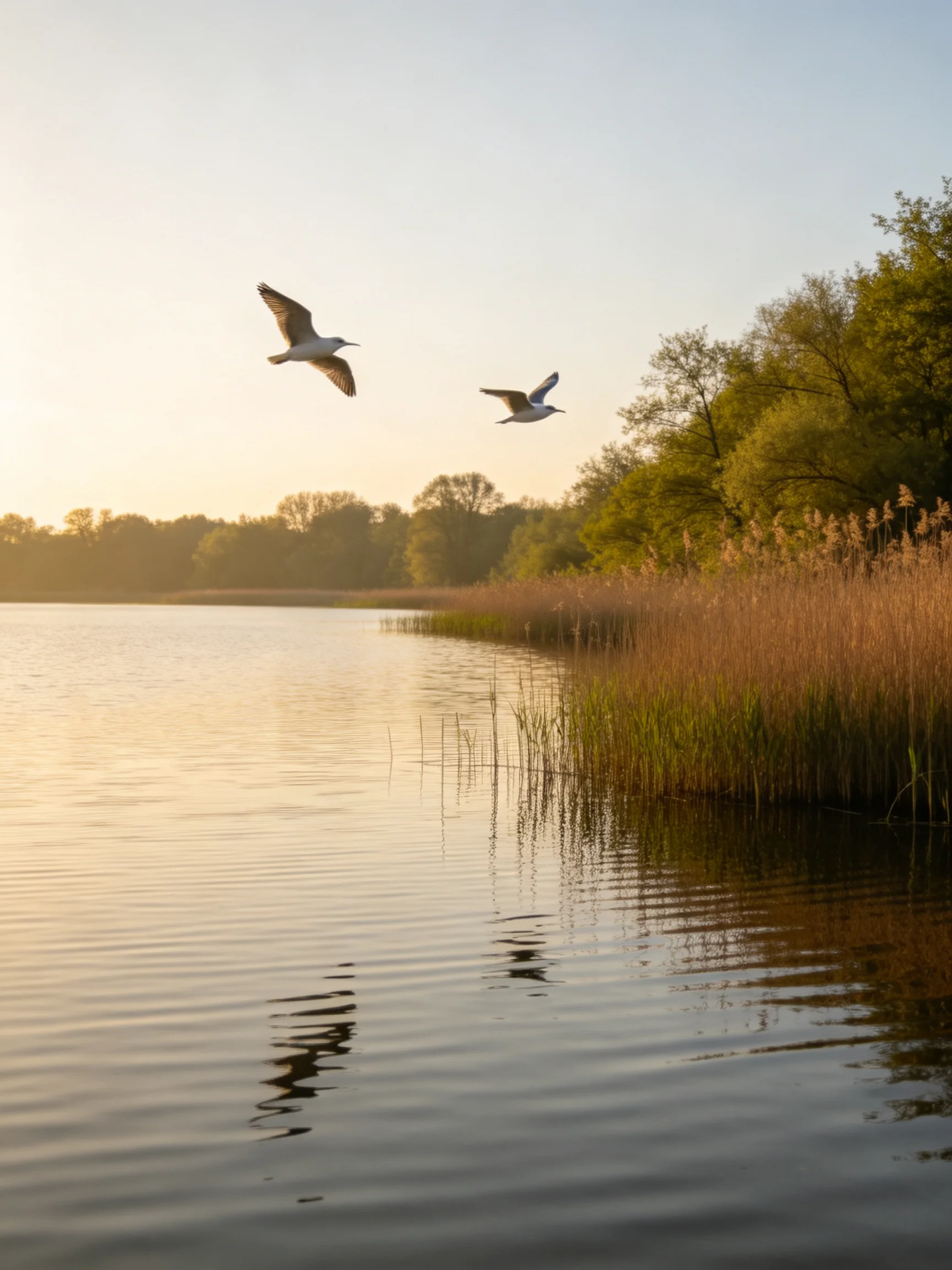 Two birds soar over a calm lake with brown reeds and green trees