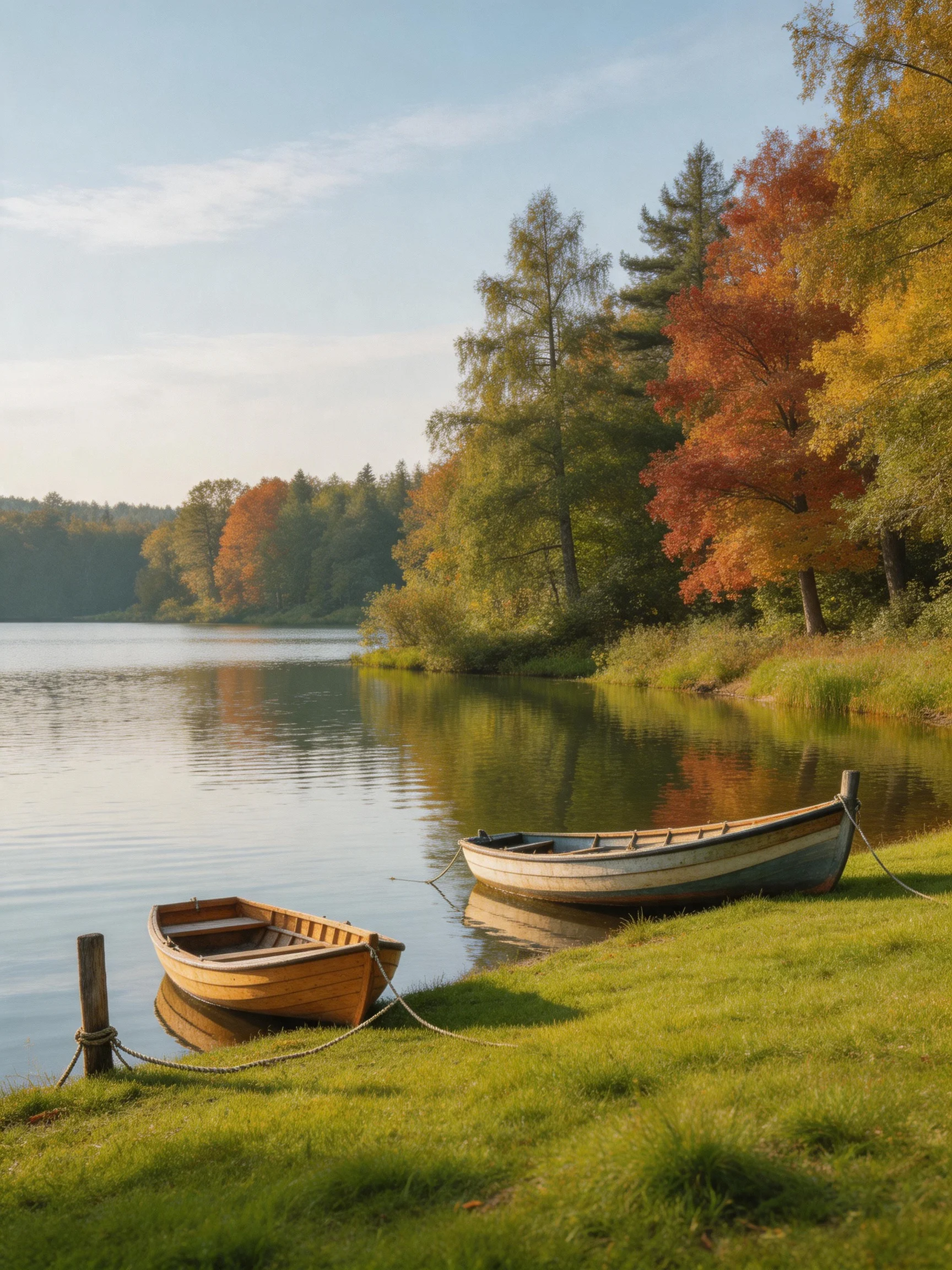 Two boats rest near a calm lake with vibrant fall foliage