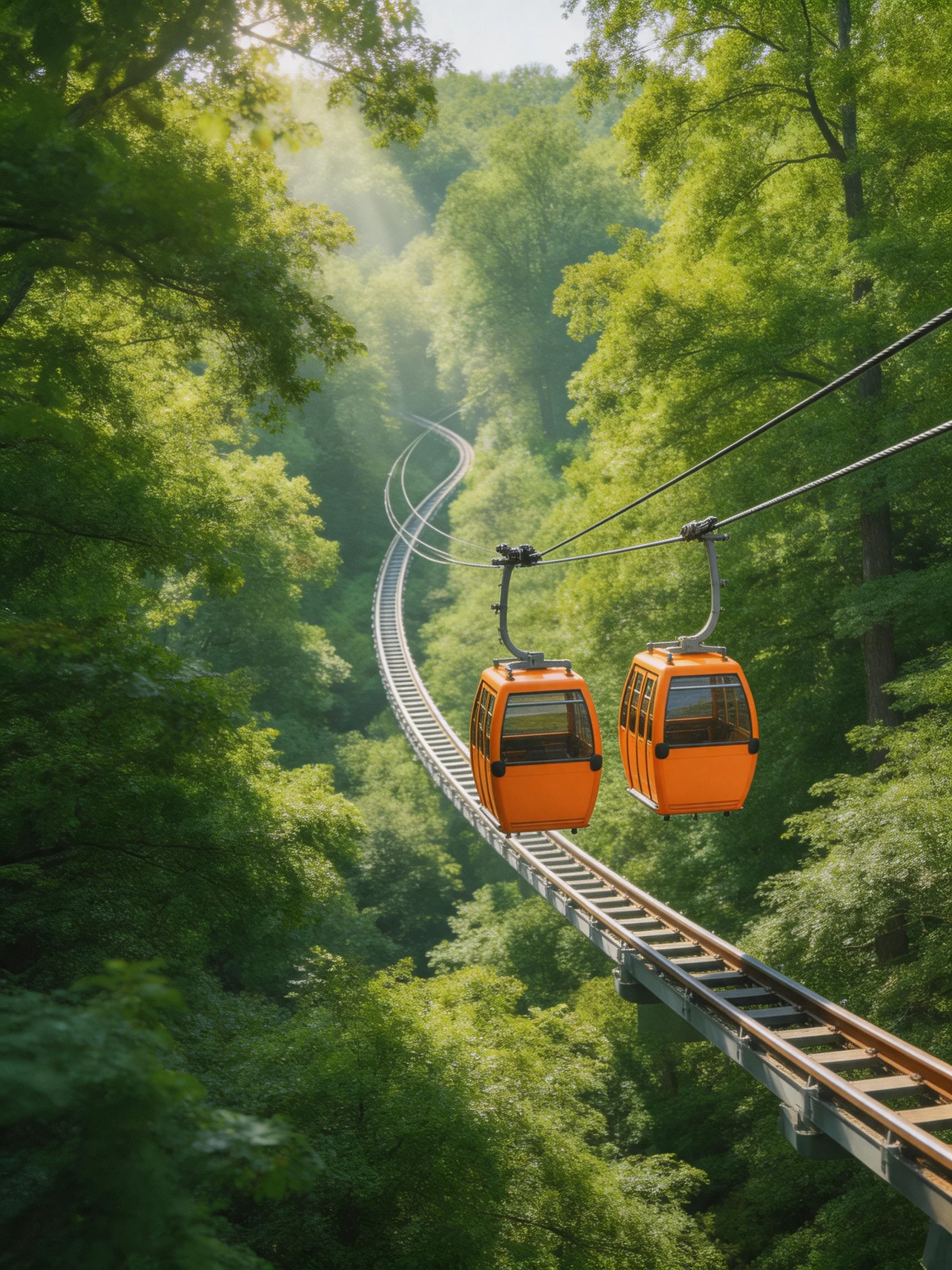 Two bright orange cable cars traverse winding tracks amid dense green foliage