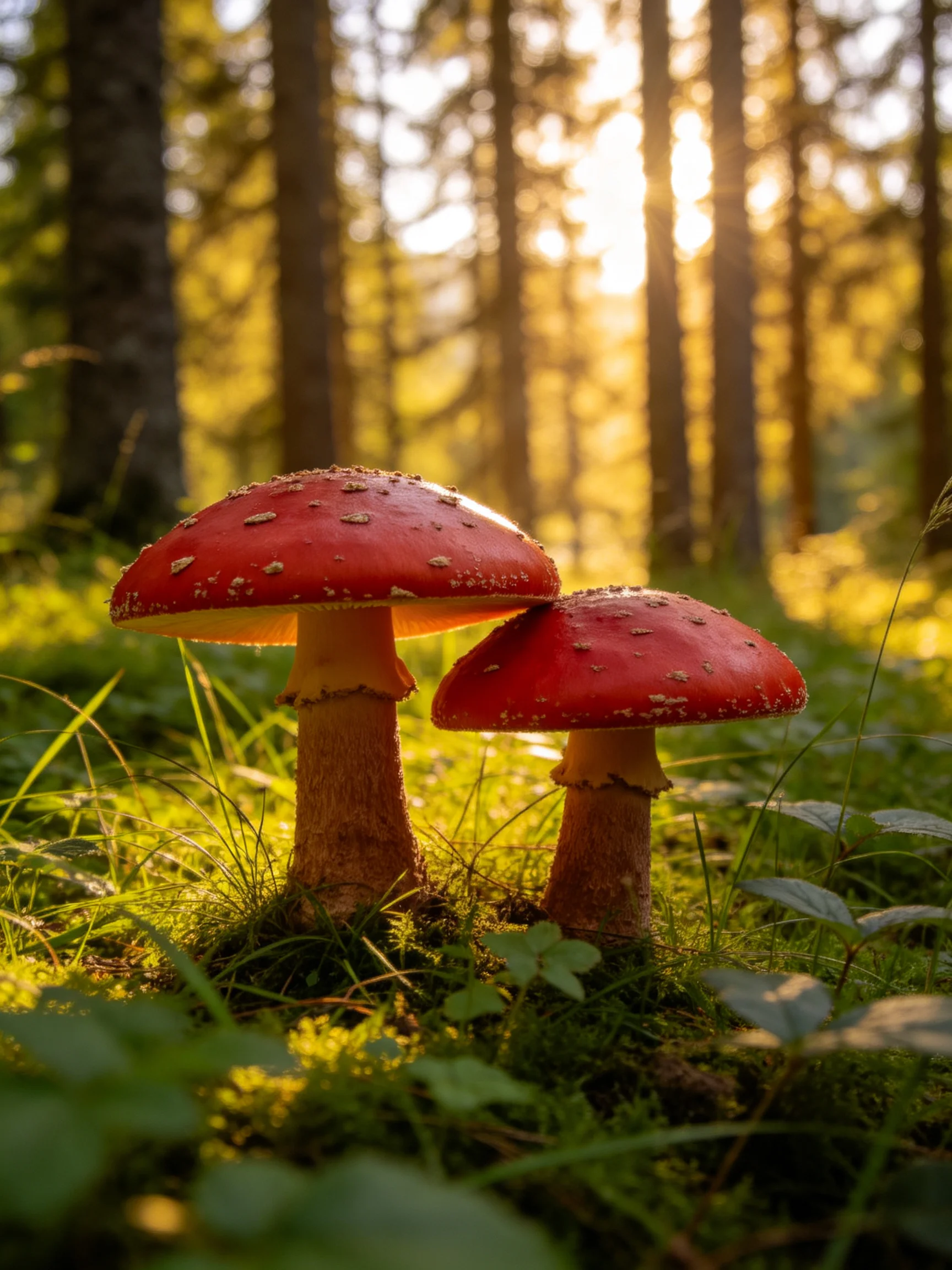 Two bright red spotted mushrooms in a sunlit forest clearing