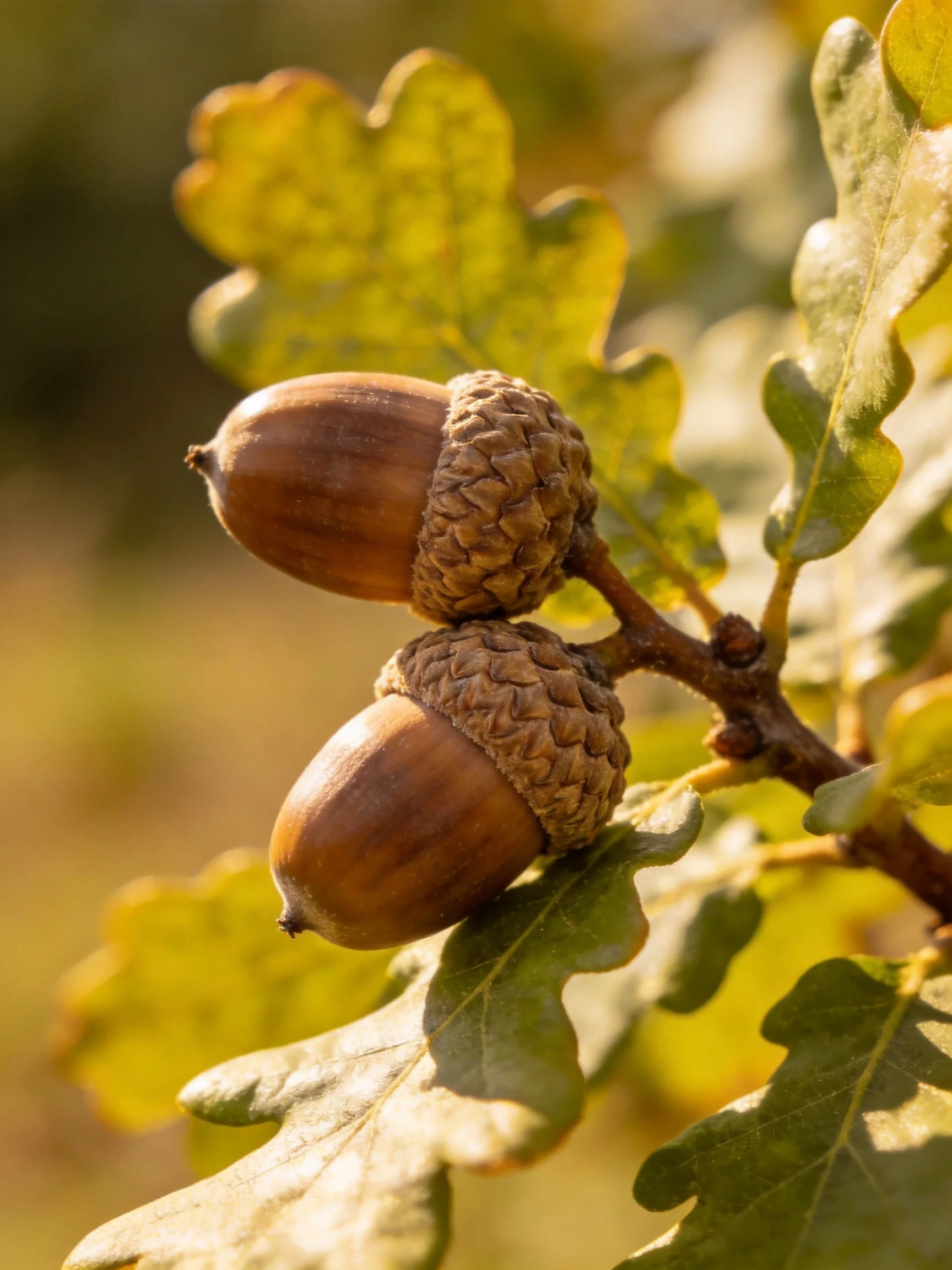 Two brown acorns on an oak branch with green-yellow leaves