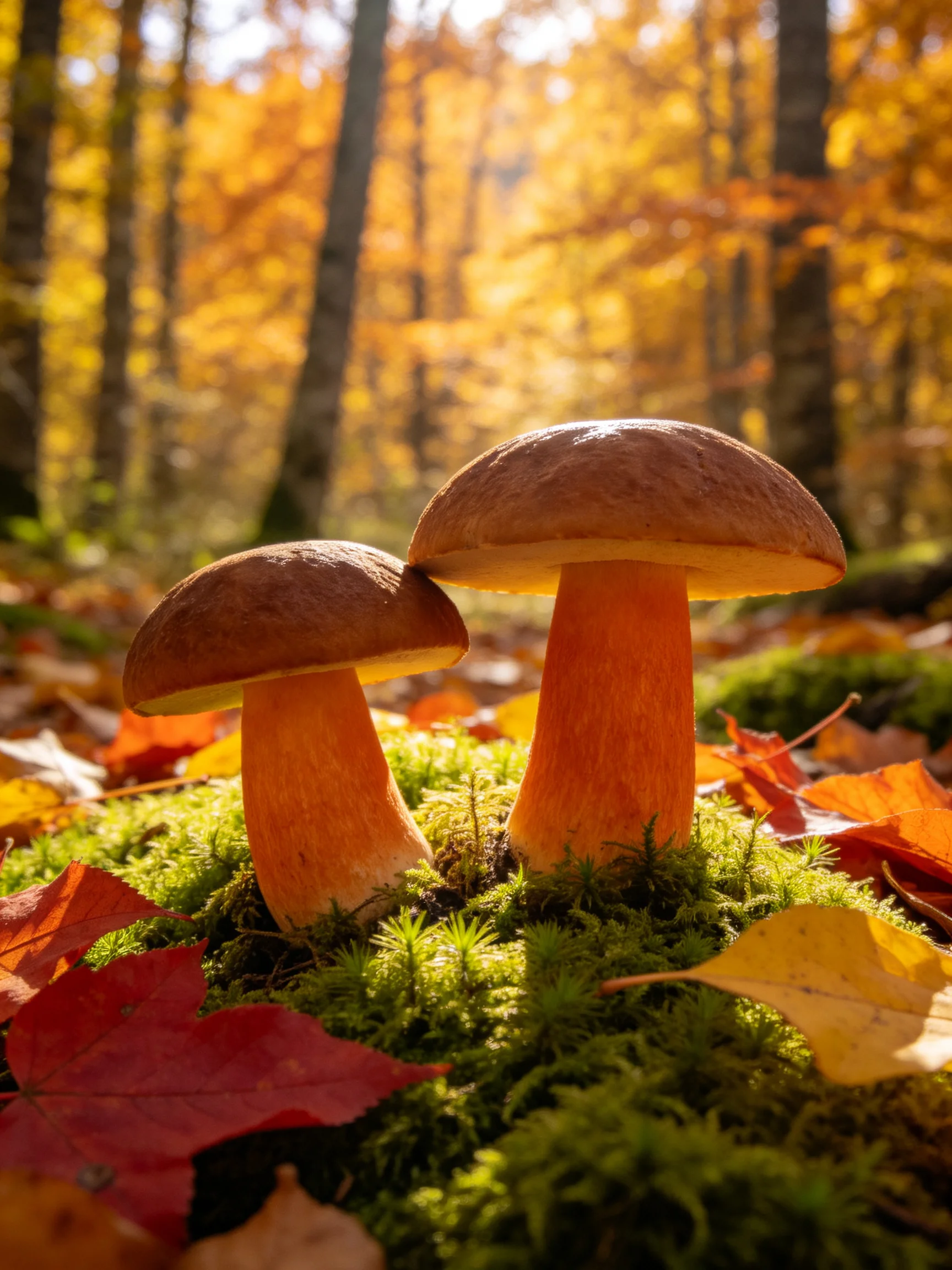 Two brown-capped orange-stemmed mushrooms in mossy forest