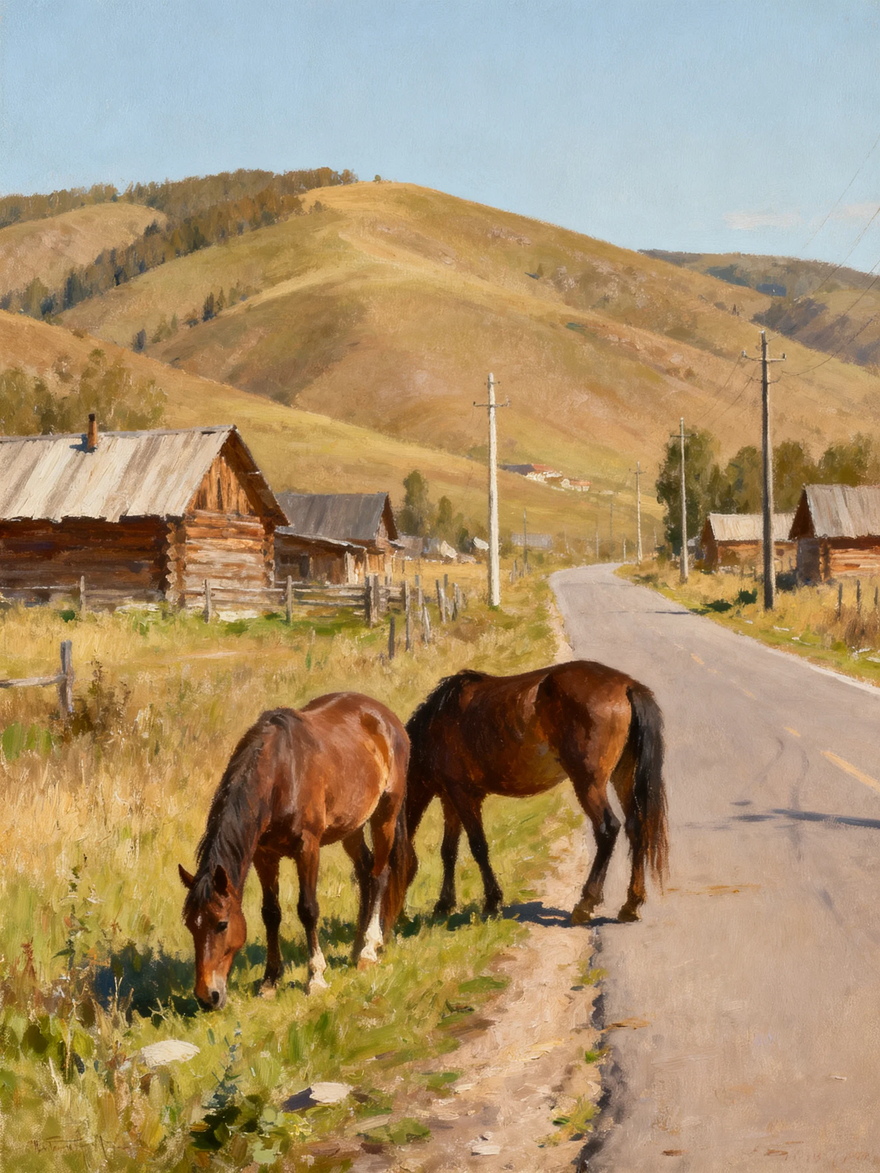 Two brown horses graze near rustic cabins by rolling hills