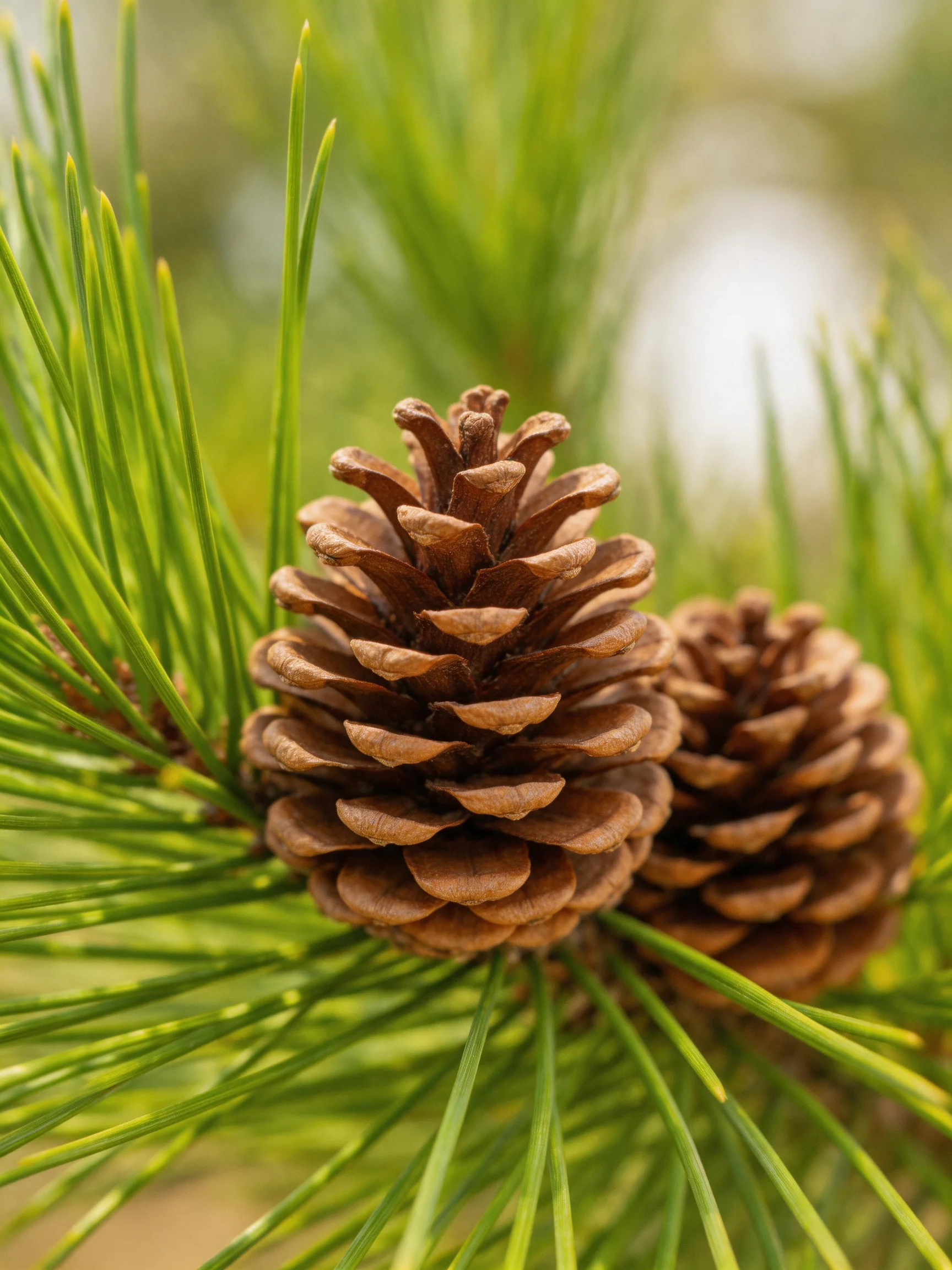 Two brown pine cones amidst vibrant green pine needles
