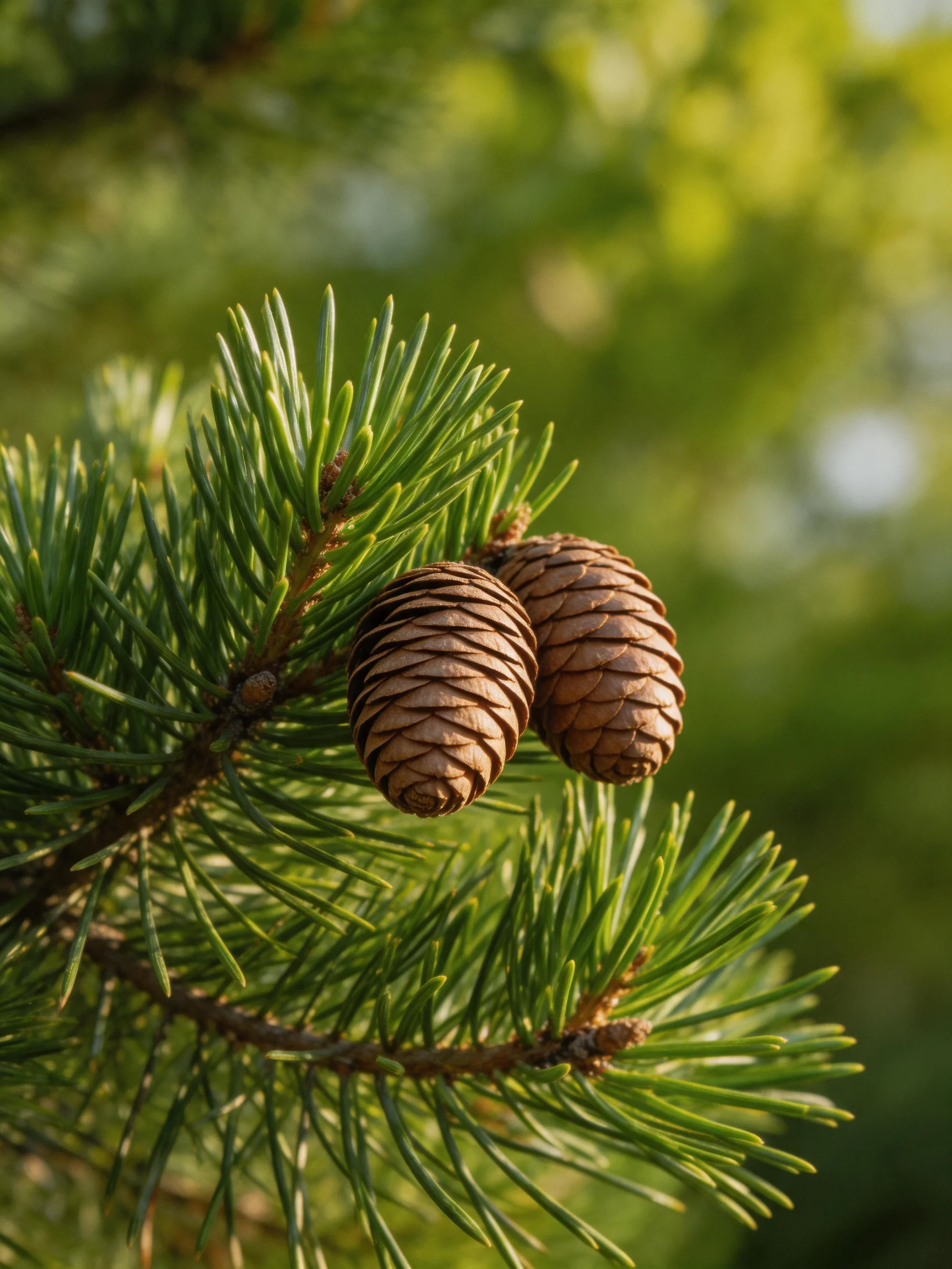 Two brown pine cones attached to lush green pine branches