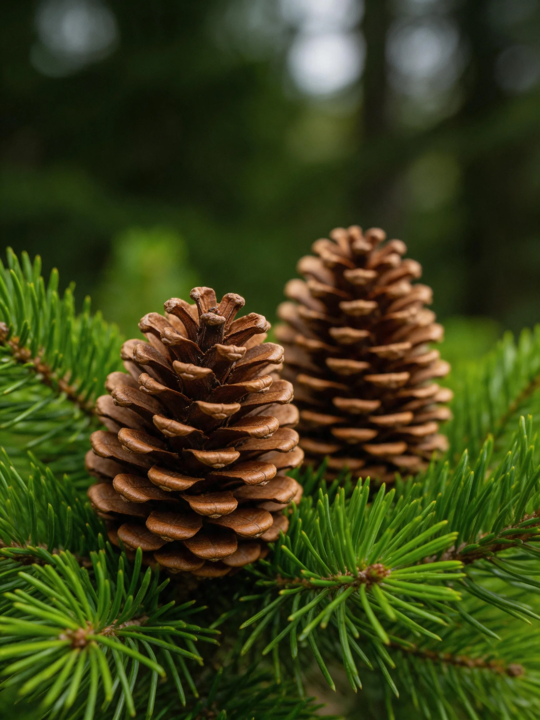 Two brown pine cones nestled among vibrant green evergreen branches