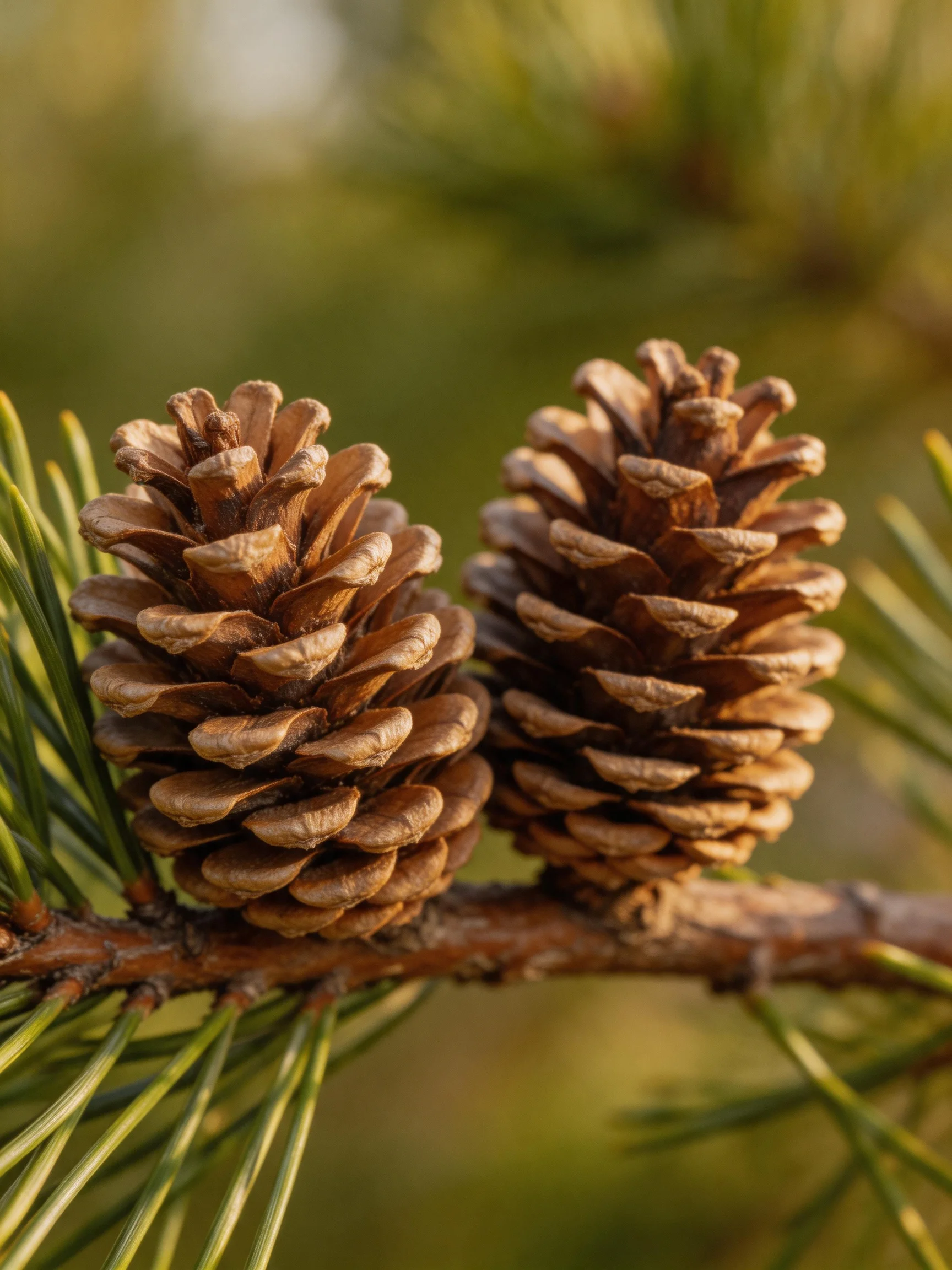 Two brown pine cones sit atop a branch with green needles