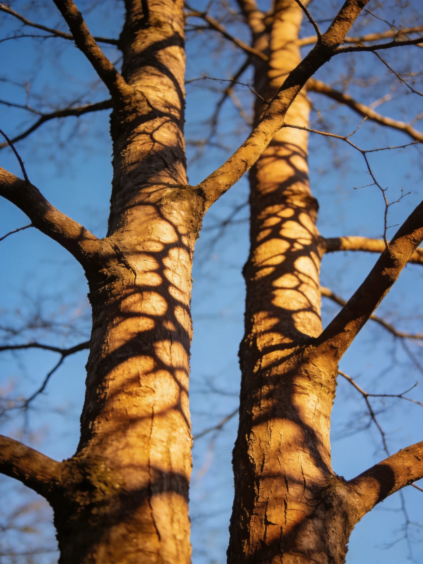 Two brown tree trunks with golden shadows against clear blue sky