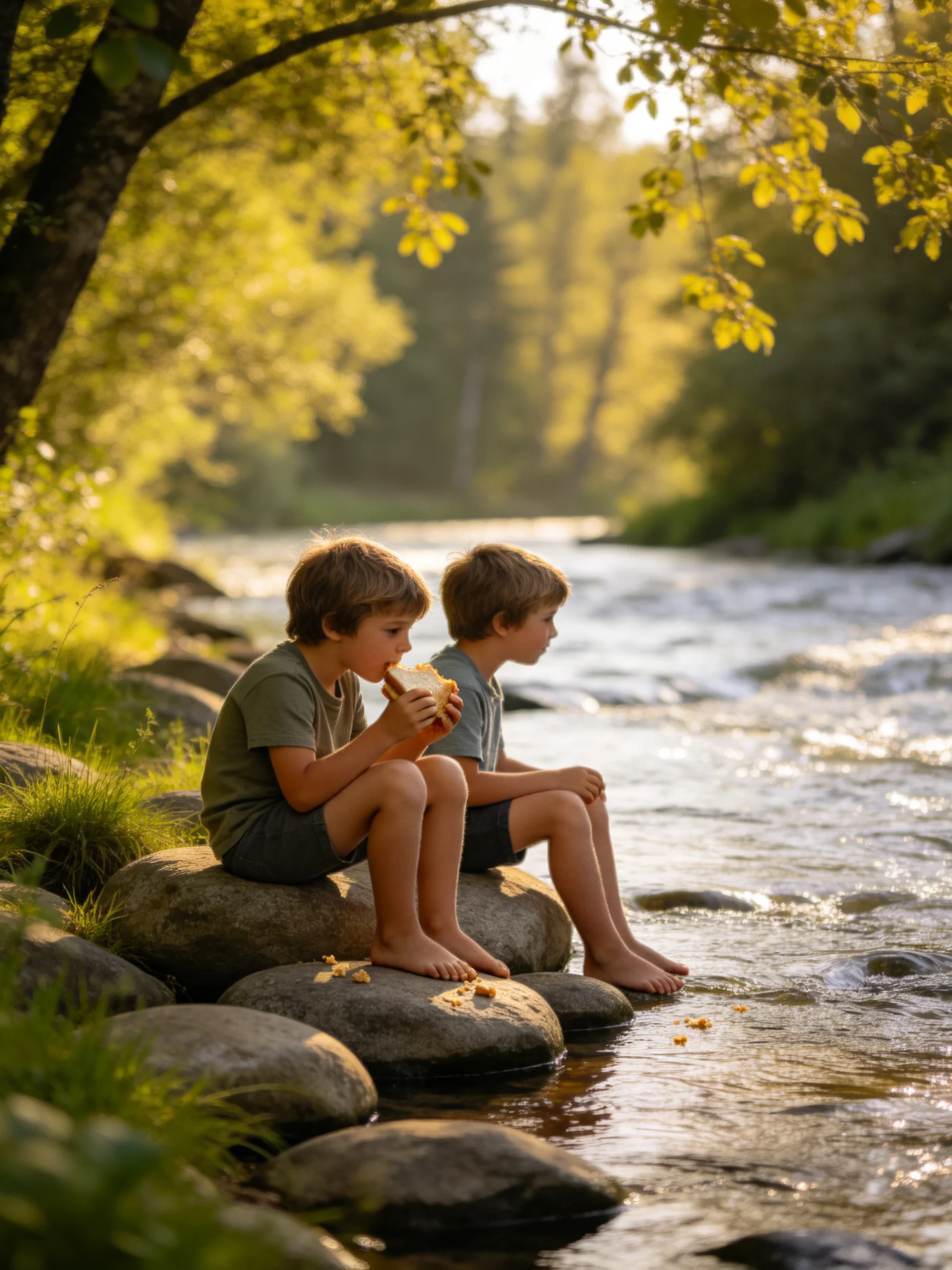 Two children sit by a sunlit stream on large rocks