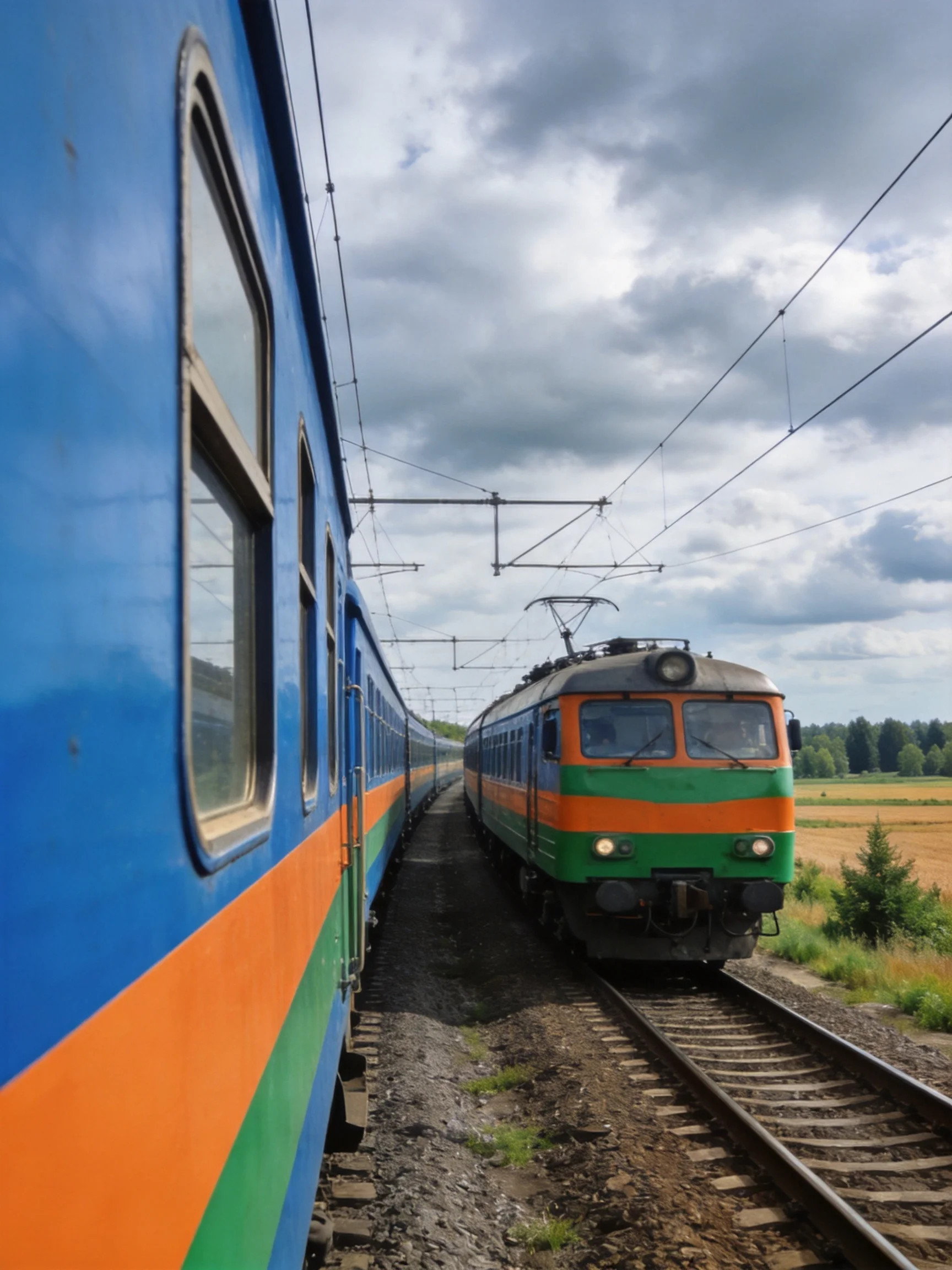 Two colorful trains on parallel railway tracks near open fields