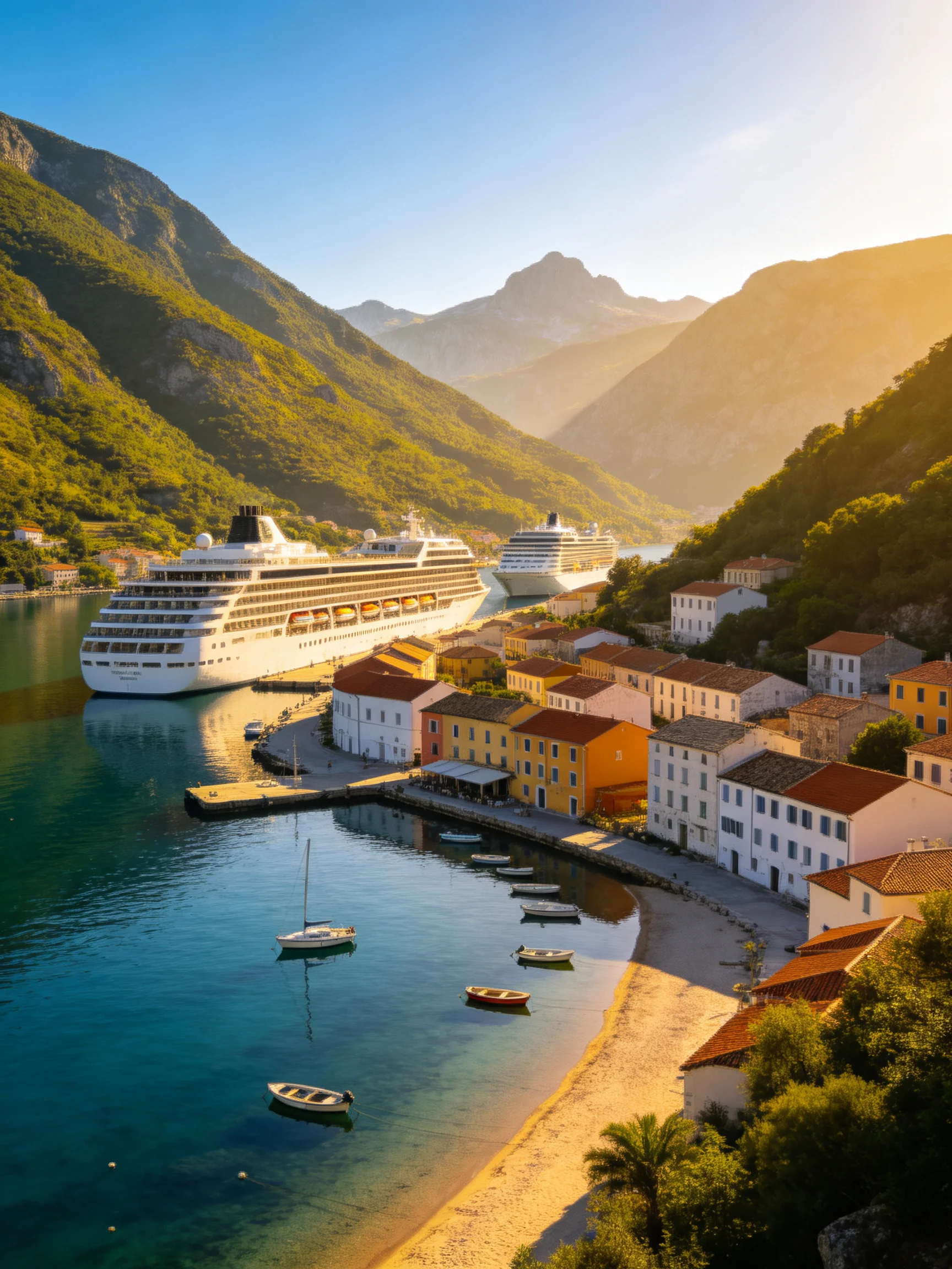 Two cruise ships dock near a vibrant coastal town with sandy beach