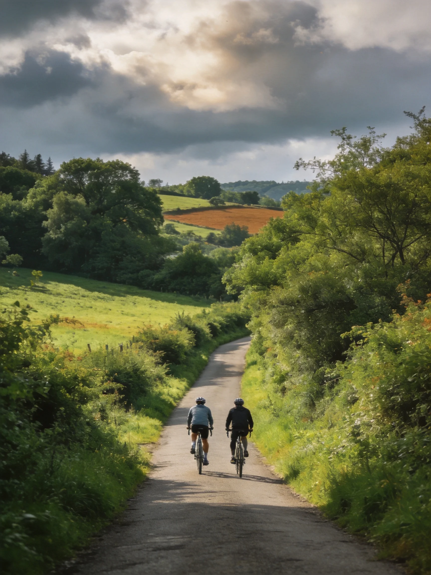 Two cyclists ride a narrow country road amid green landscapes