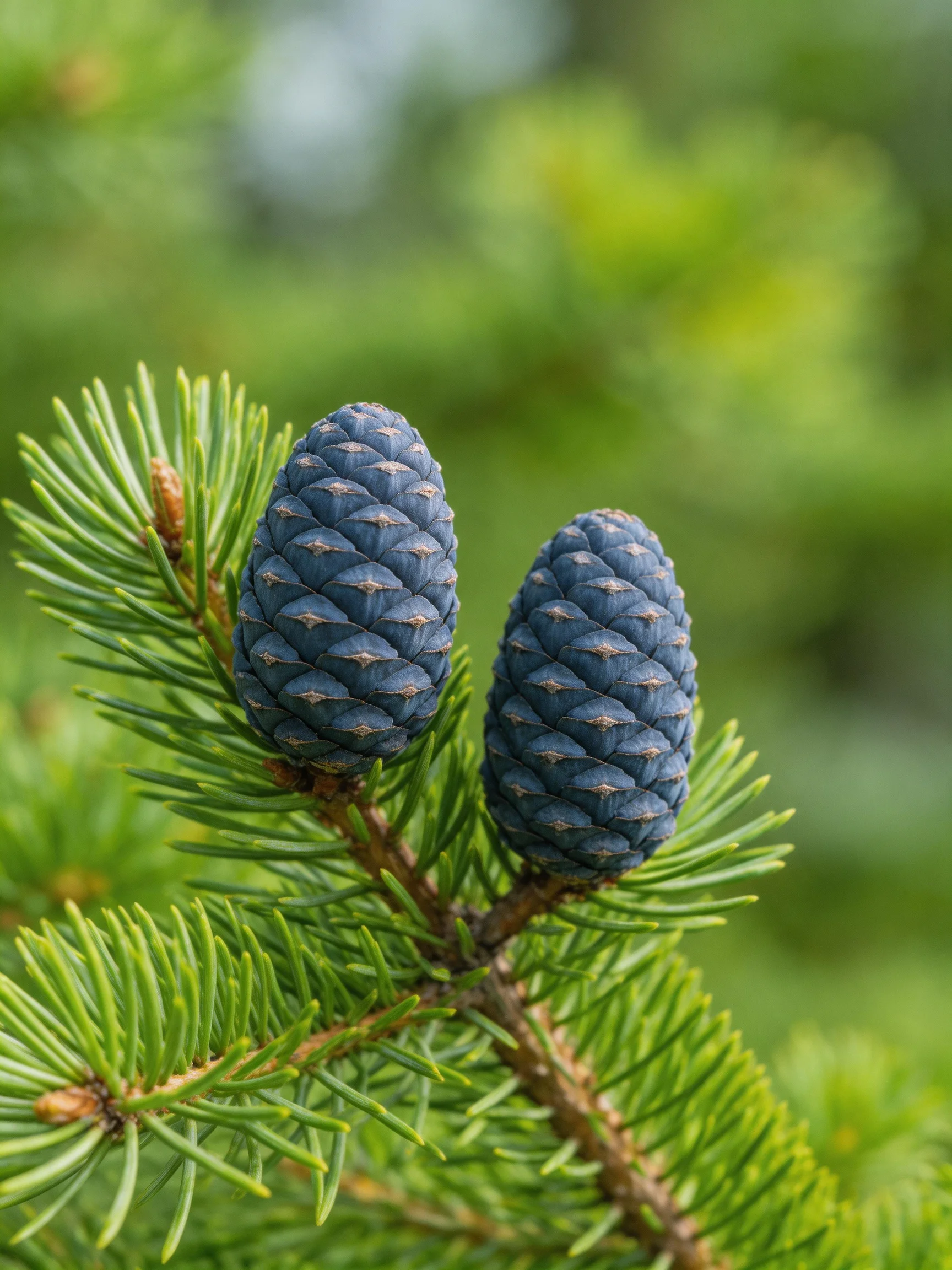 Two deep blue pine cones on vibrant green pine branches