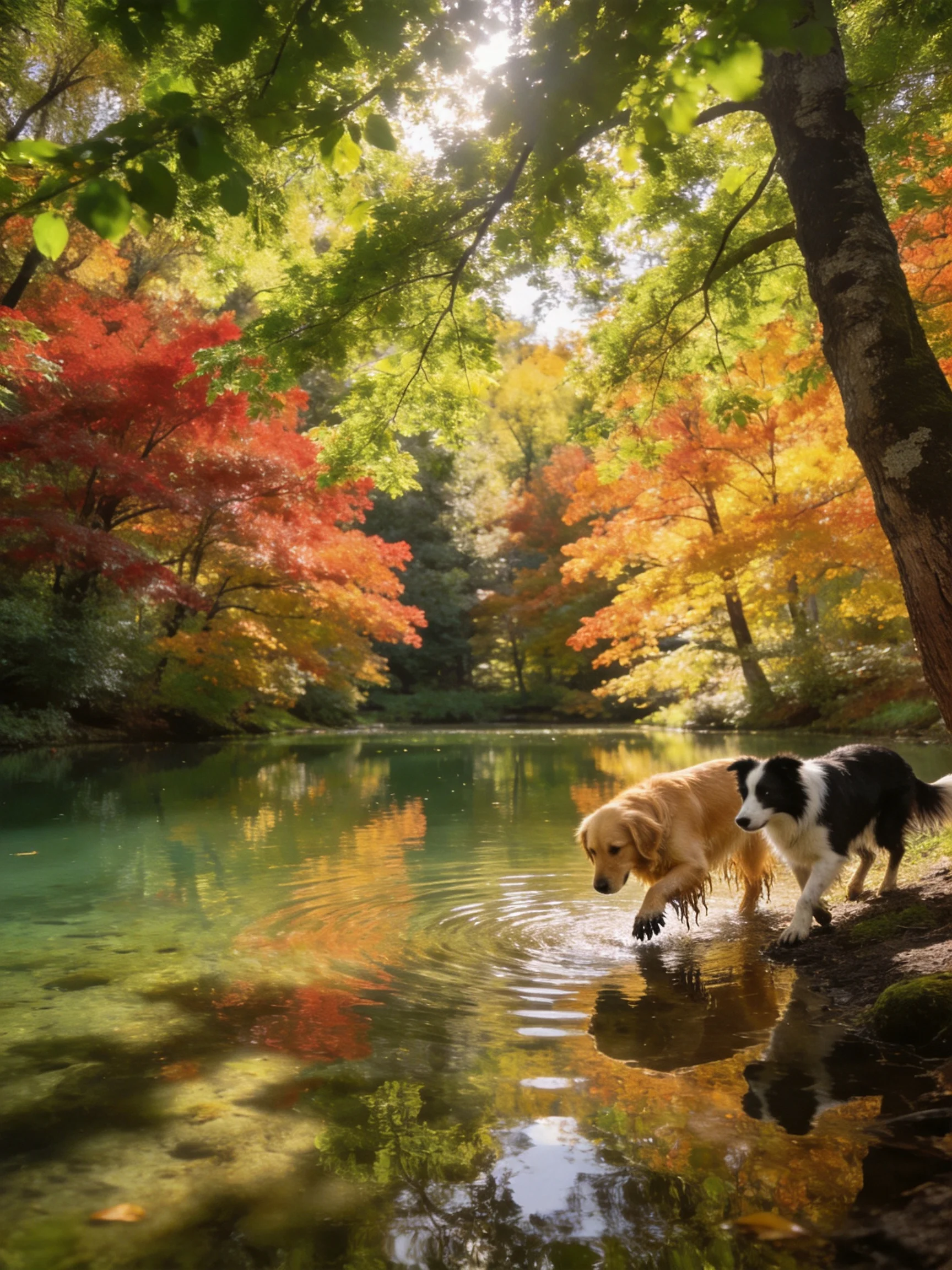 Two dogs explore a clear stream amid vibrant fall foliage